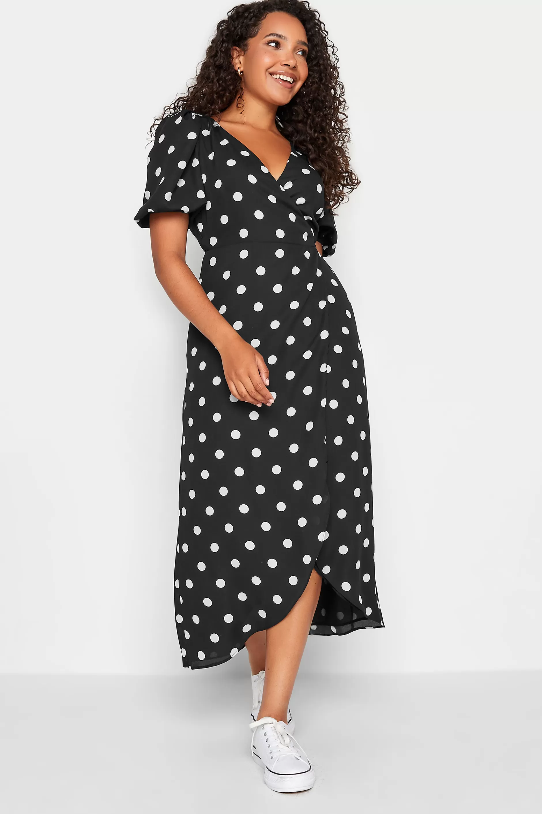 Women M&Co Midi Dresses> Womens Black Polka Dot Wrap Dress