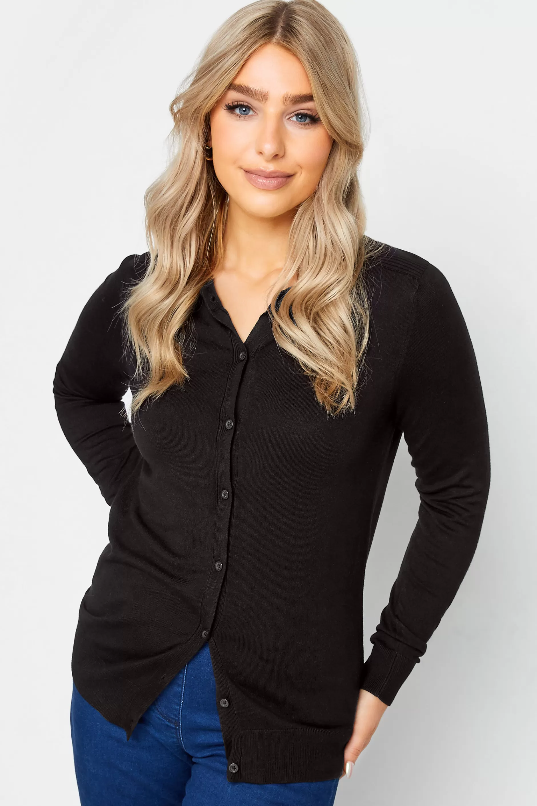 Women M&Co Cardigan> Womens Black Ribbed Shoulder Cardigan