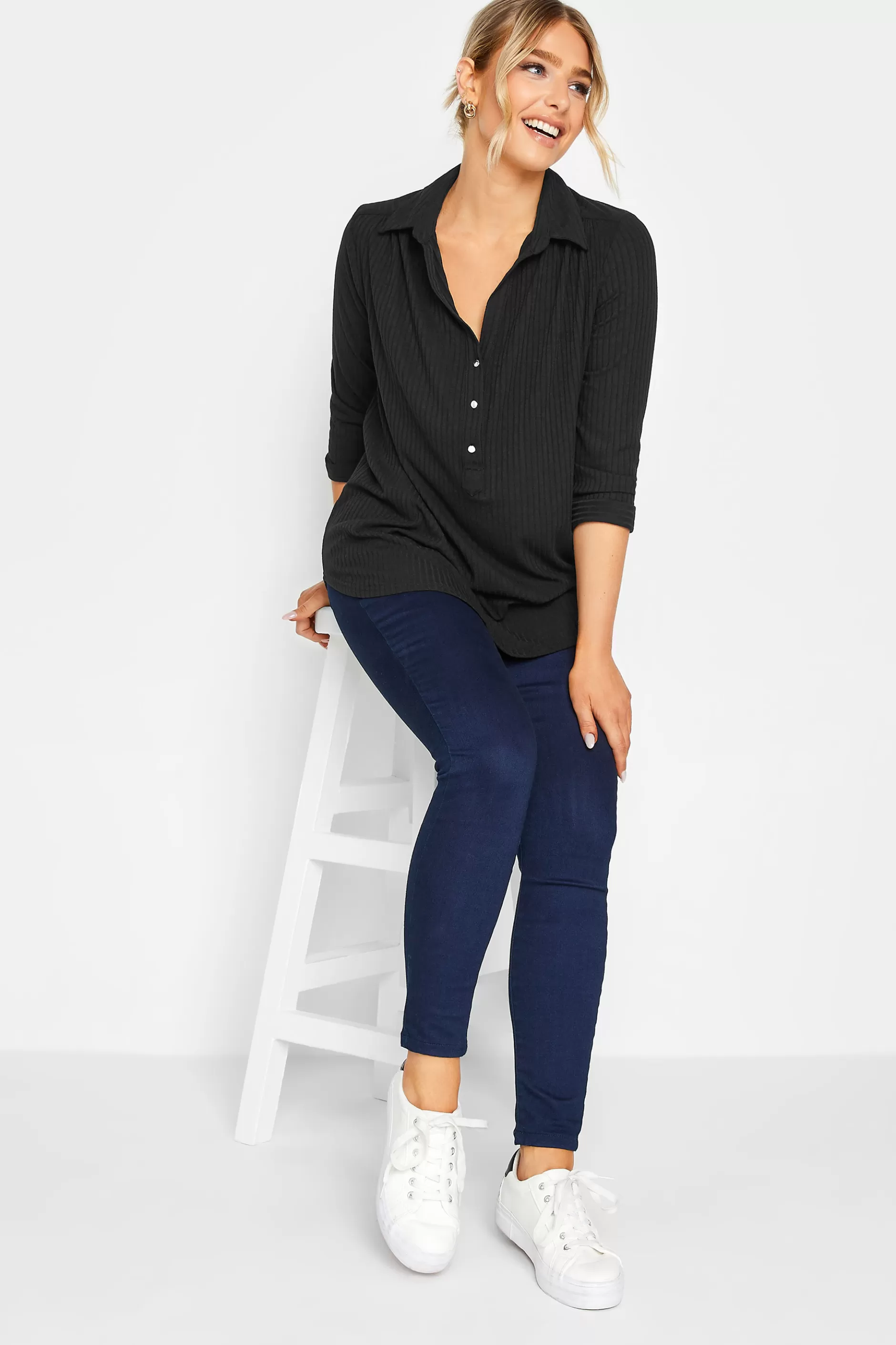 Women M&Co Shirts> Womens Black Ribbed V-Neck Shirt