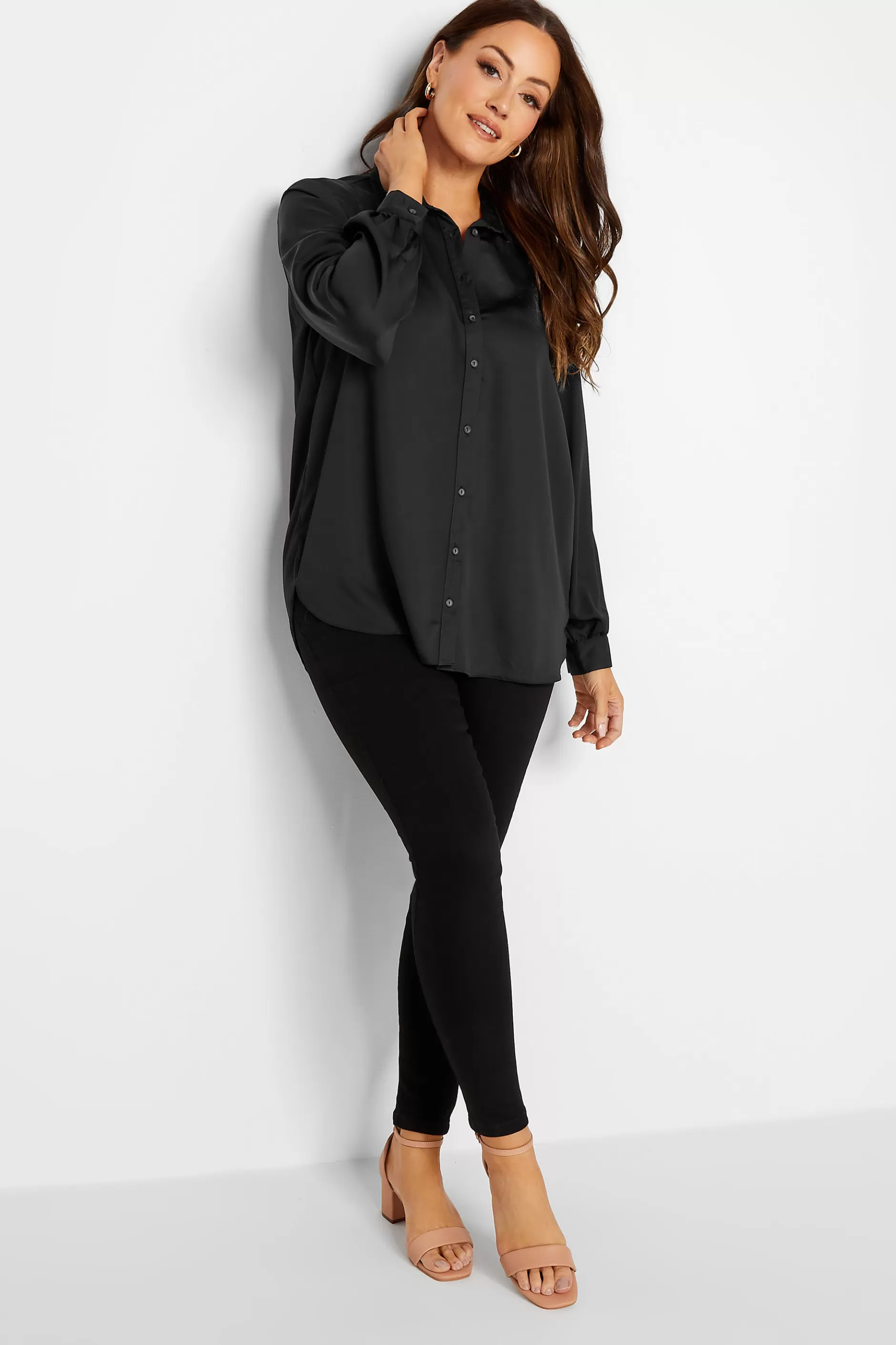 Women M&Co Shirts> Womens Black Satin Button Through Shirt