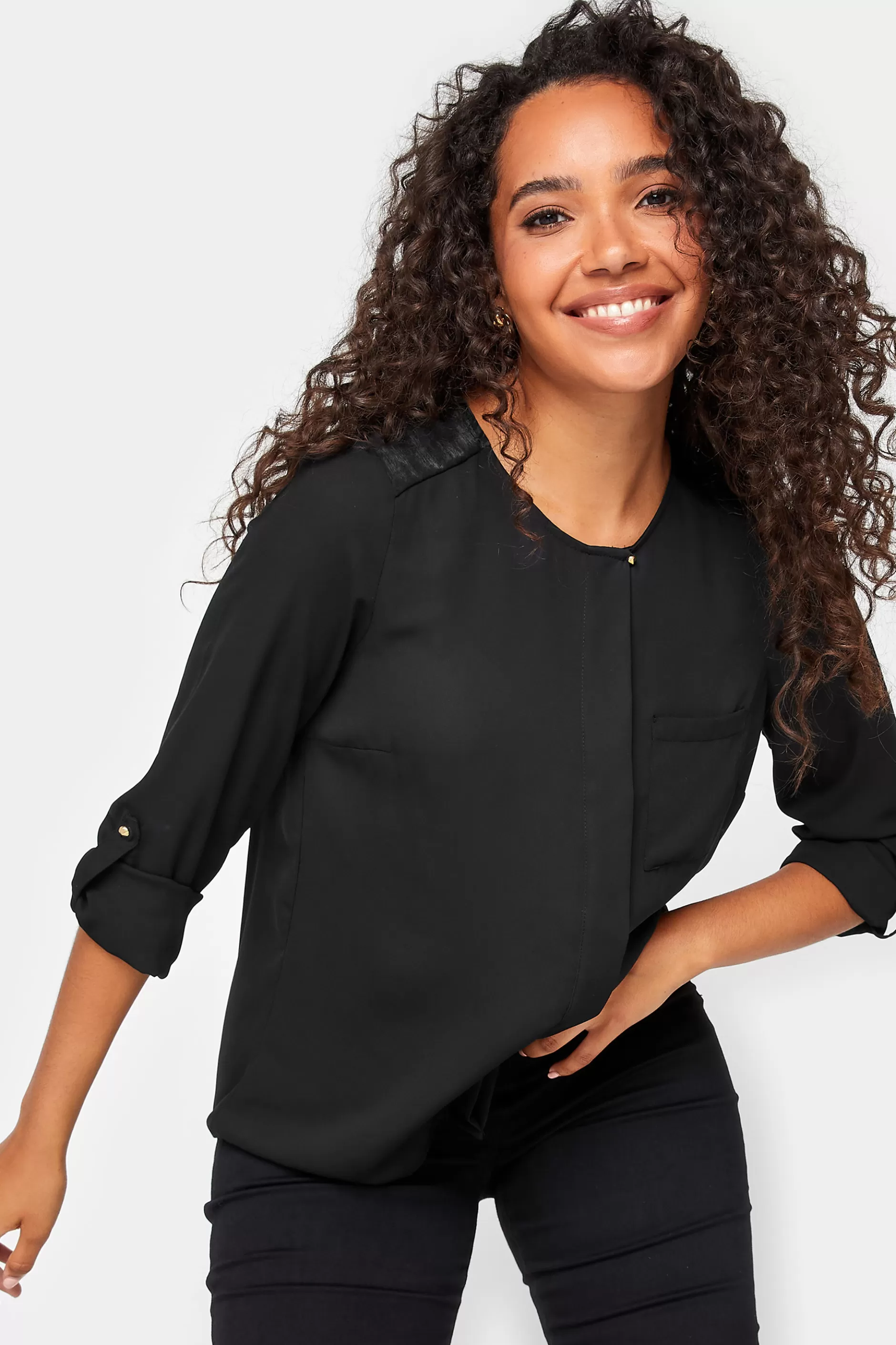 Women M&Co Shirts> Womens Black Satin Contrast Panel Shirt