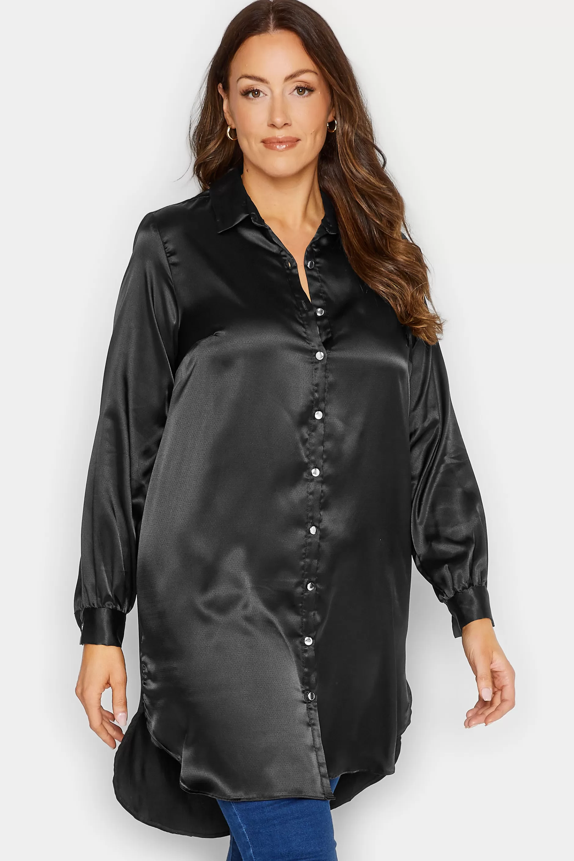 Women M&Co Shirts> Womens Black Satin Dipped Hem Shirt