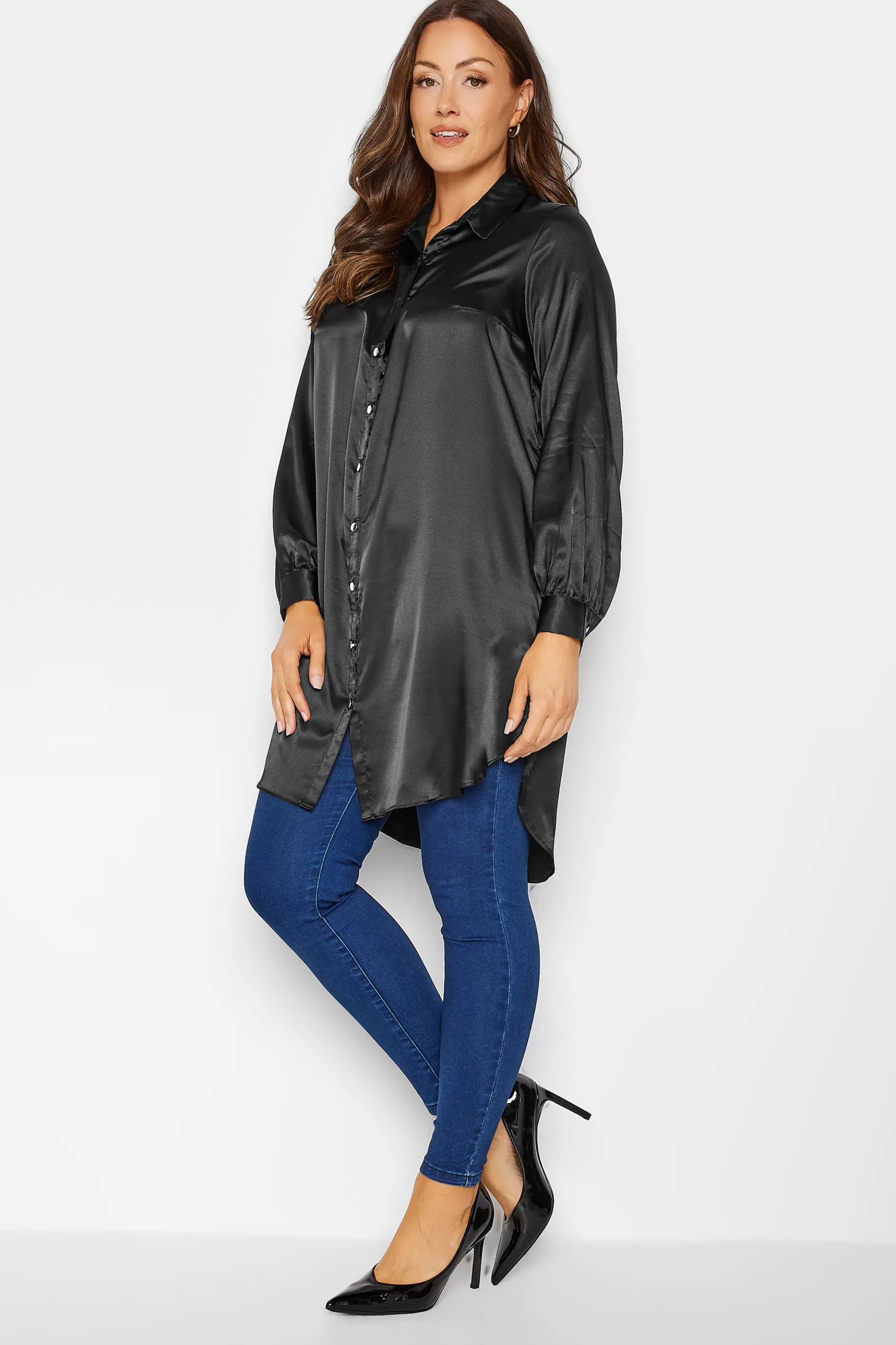 Women M&Co Shirts> Womens Black Satin Dipped Hem Shirt