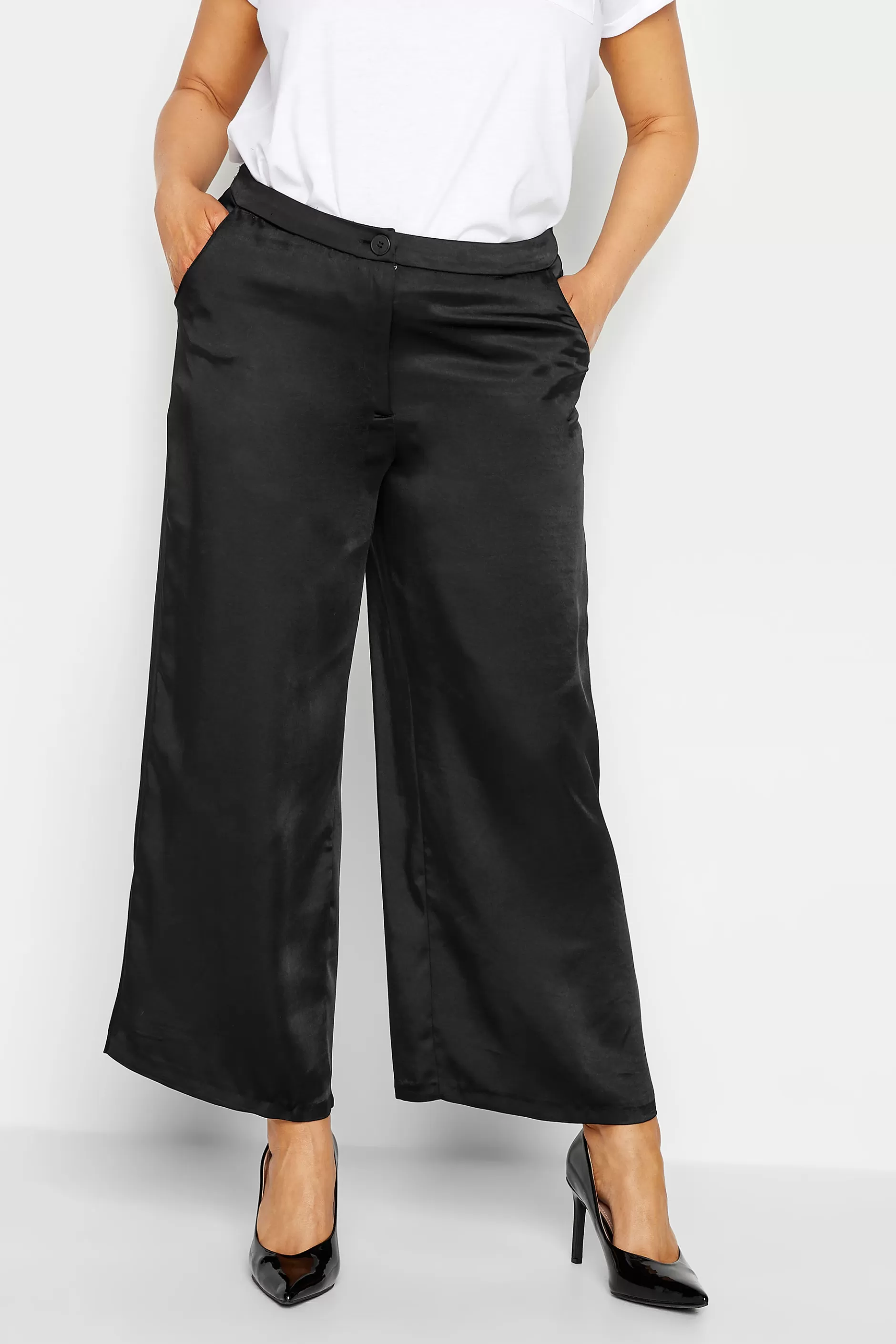 Women M&Co Wide Leg Trousers> Womens Black Satin Wide Leg Trousers