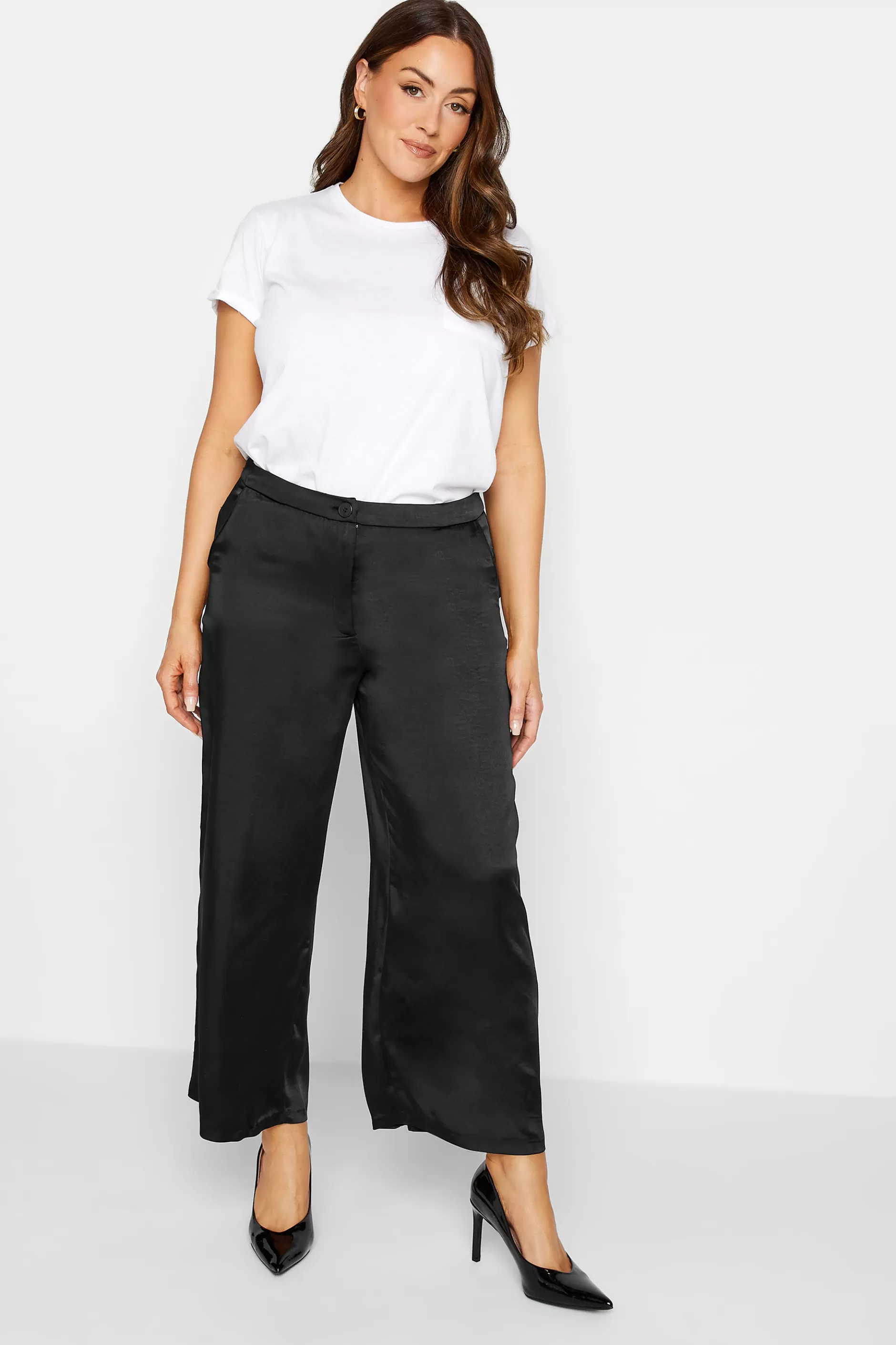 Women M&Co Wide Leg Trousers> Womens Black Satin Wide Leg Trousers