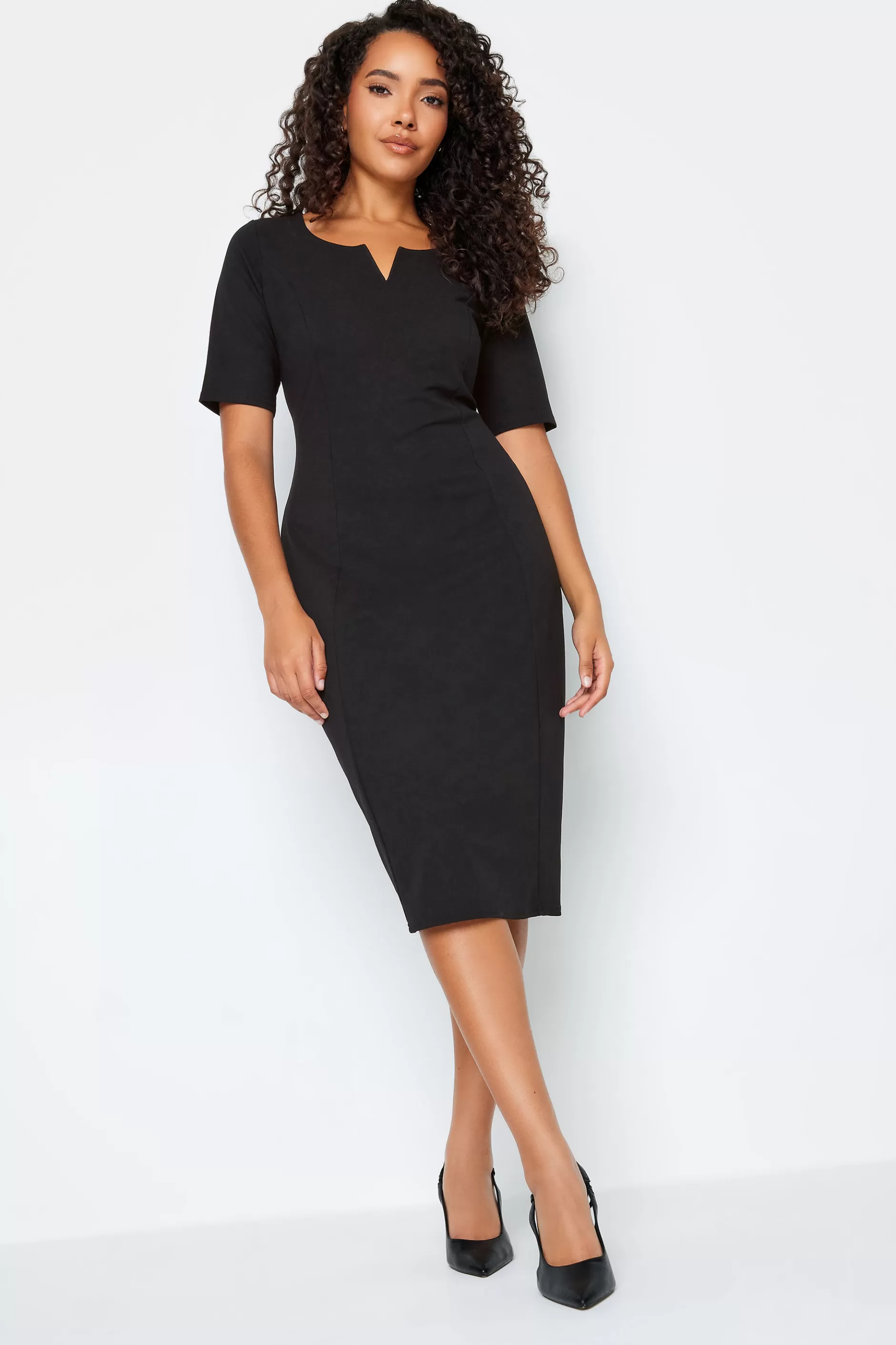 Women M&Co Midi Dresses> Womens Black Scuba Notch Neck Midi Dress