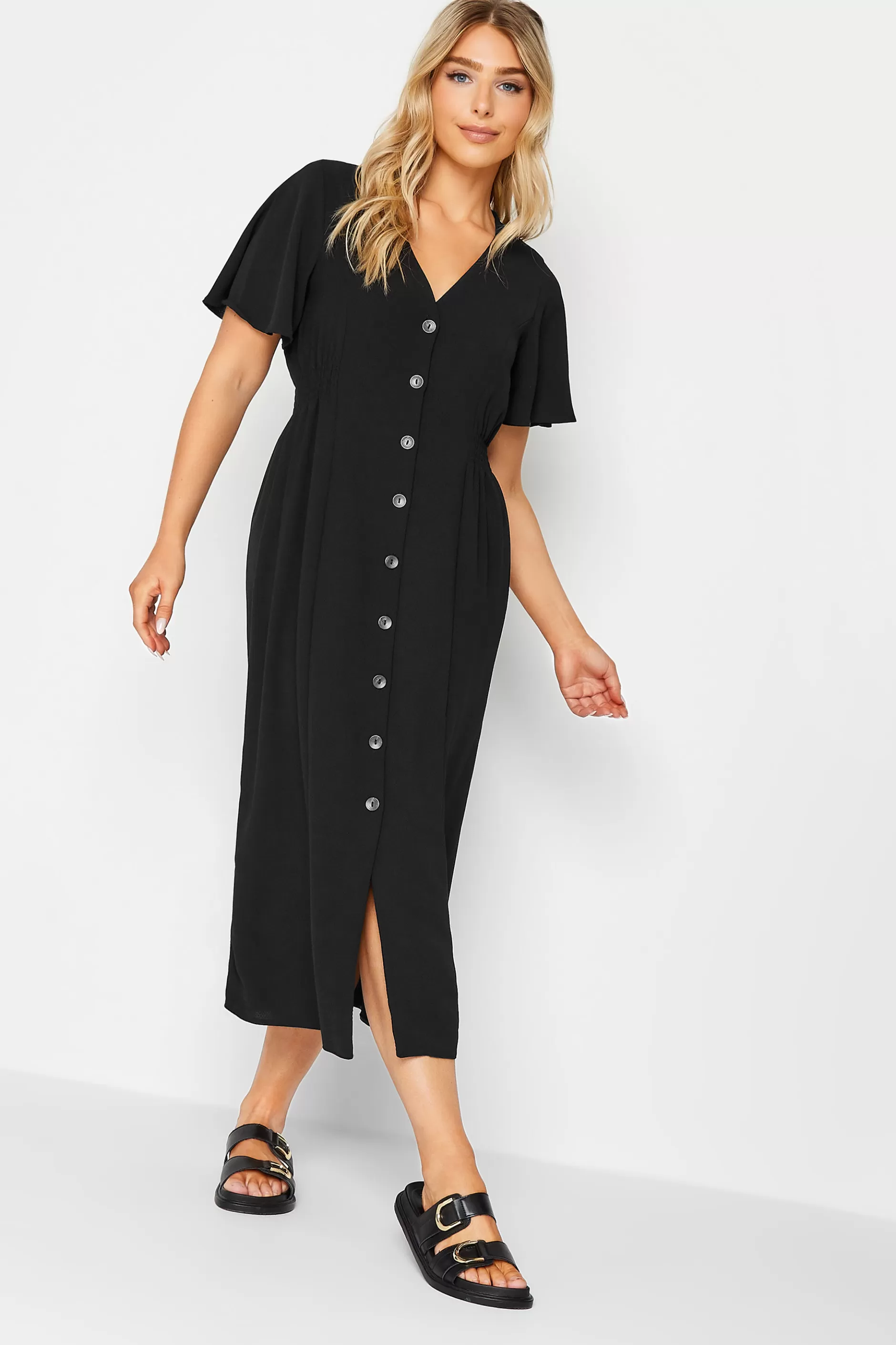 Women M&Co Wedding Guest Dresses> Womens Black Shirred Waist Button Through Midi Dress