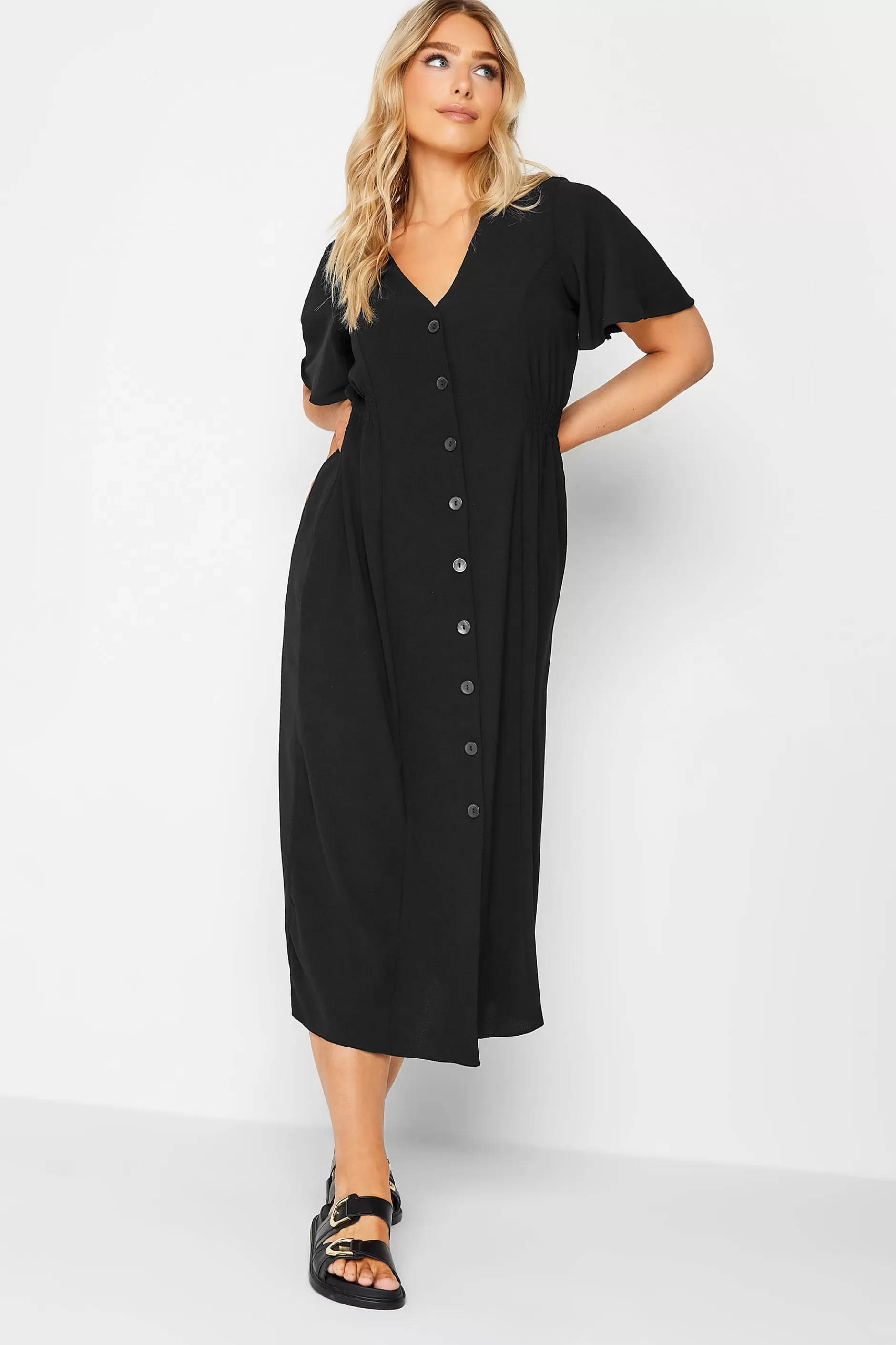 Women M&Co Wedding Guest Dresses> Womens Black Shirred Waist Button Through Midi Dress