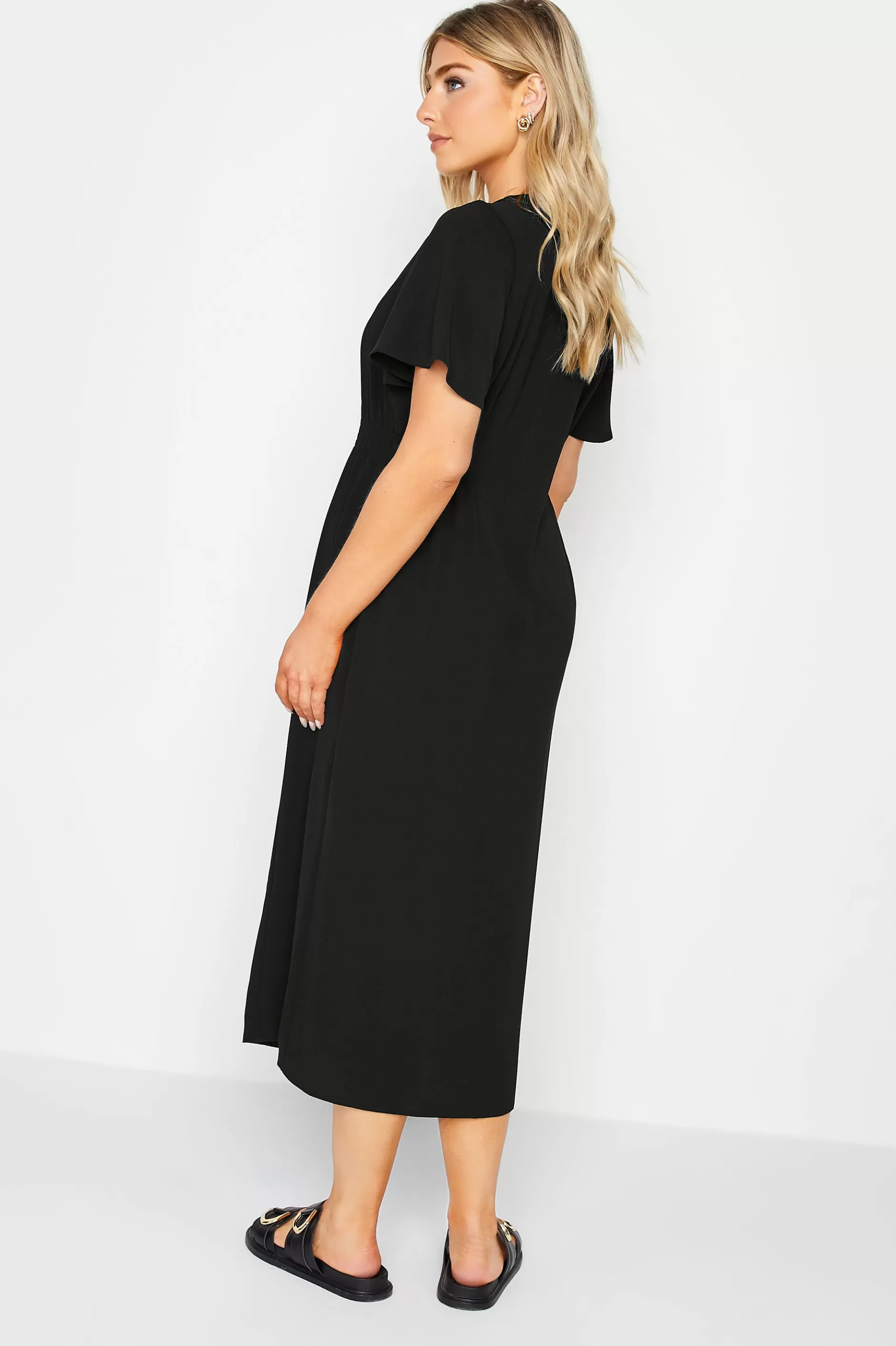 Women M&Co Wedding Guest Dresses> Womens Black Shirred Waist Button Through Midi Dress