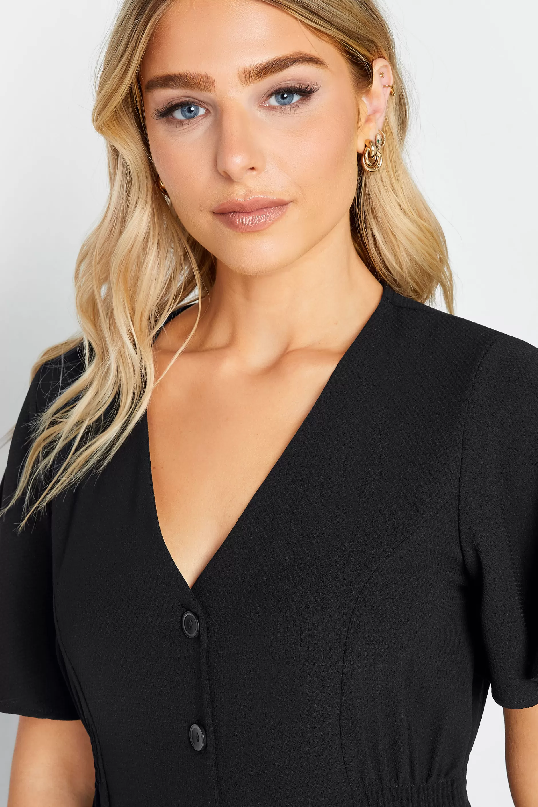 Women M&Co Wedding Guest Dresses> Womens Black Shirred Waist Button Through Midi Dress