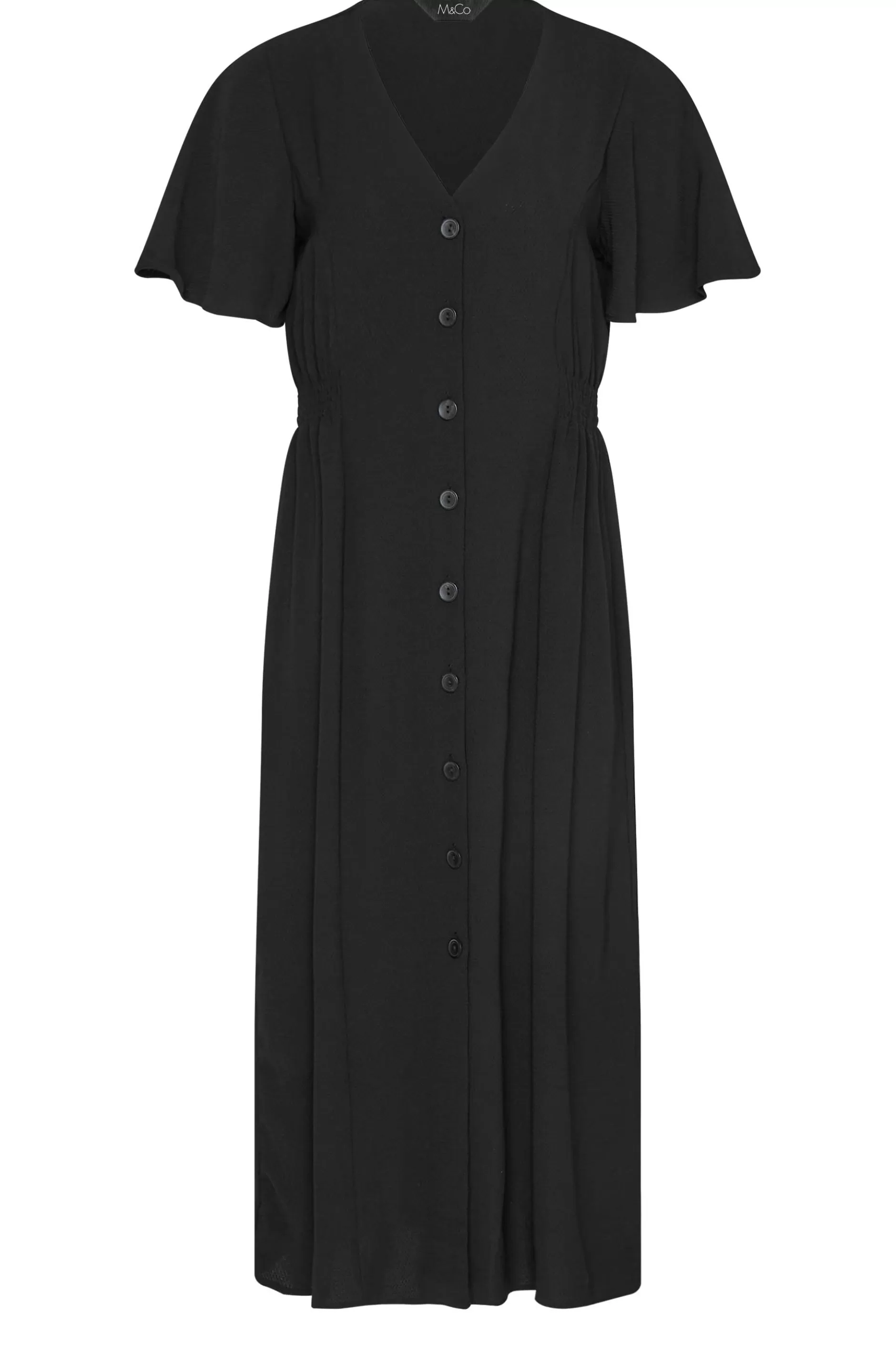 Women M&Co Wedding Guest Dresses> Womens Black Shirred Waist Button Through Midi Dress