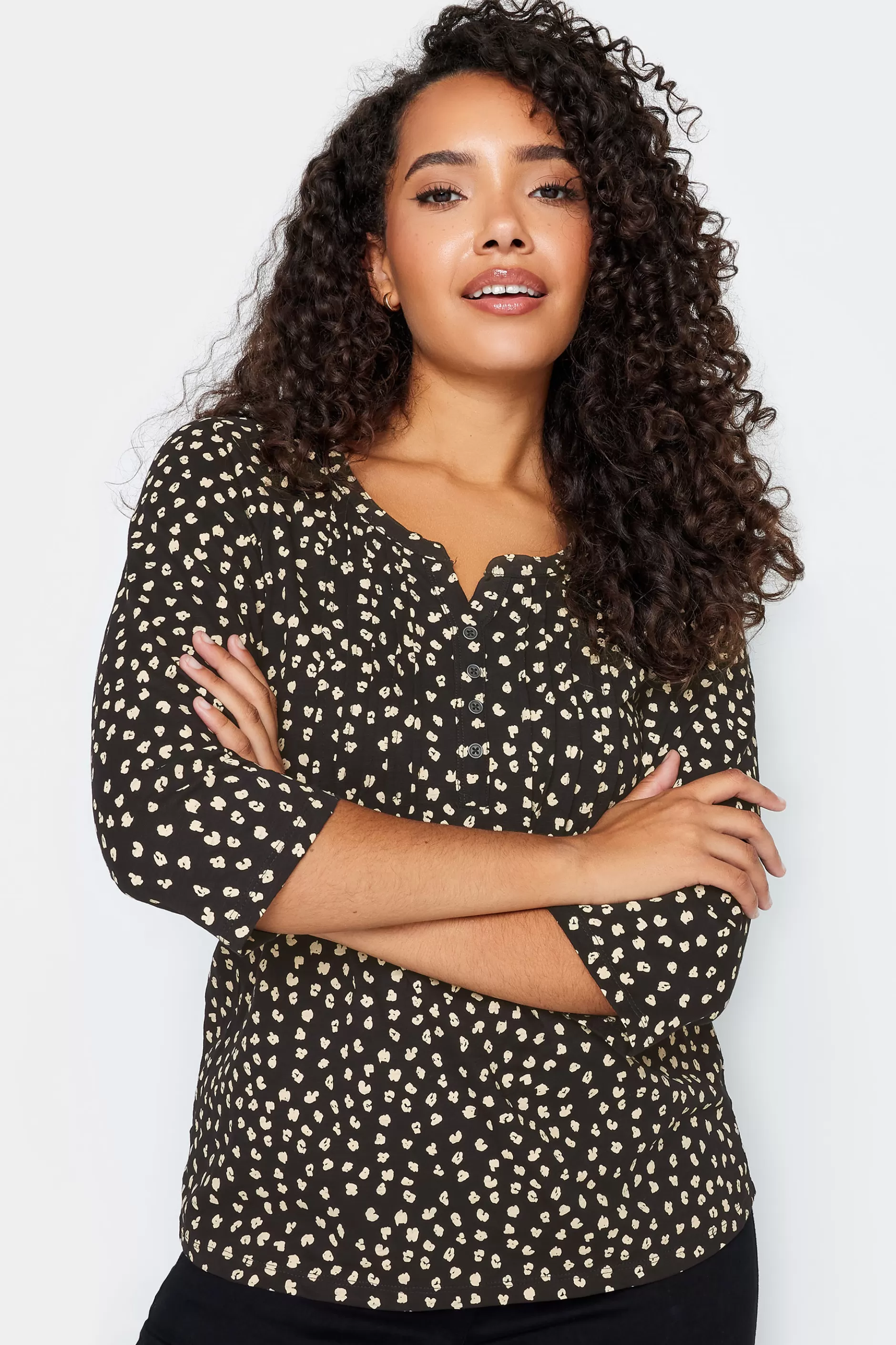 Women M&Co Long Sleeve Tops> Womens Black Spot Print Cotton Henley Top