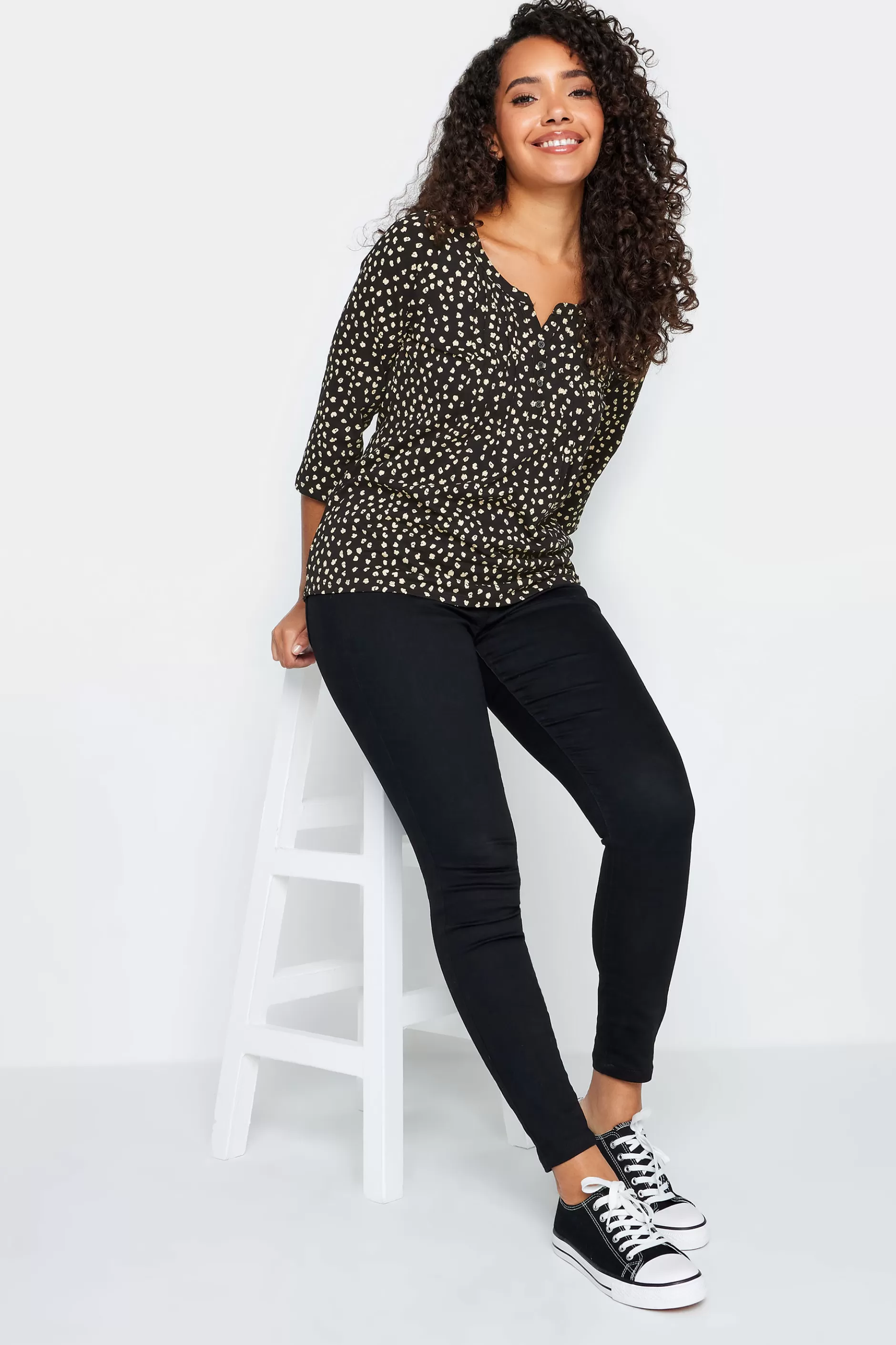 Women M&Co Long Sleeve Tops> Womens Black Spot Print Cotton Henley Top