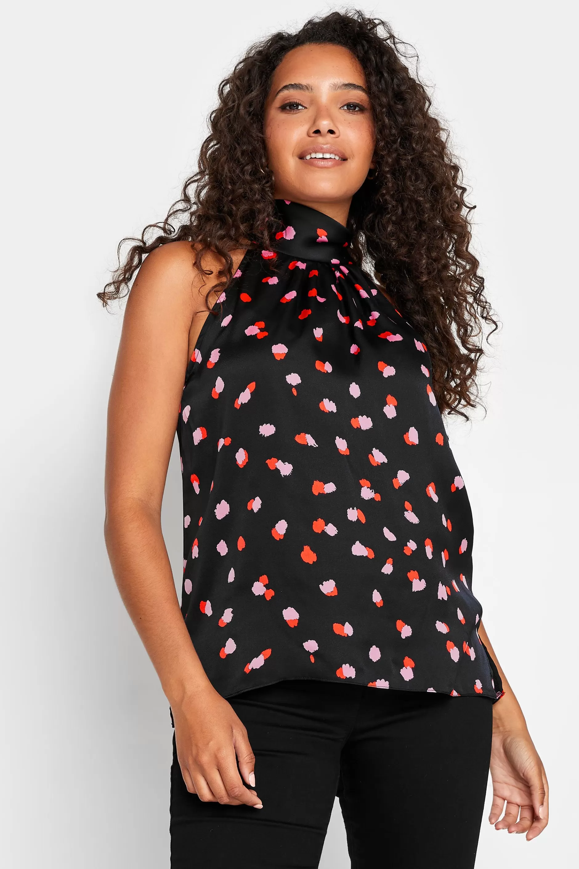 Women M&Co Short Sleeve Tops> Womens Black Spot Print Halterneck Blouse