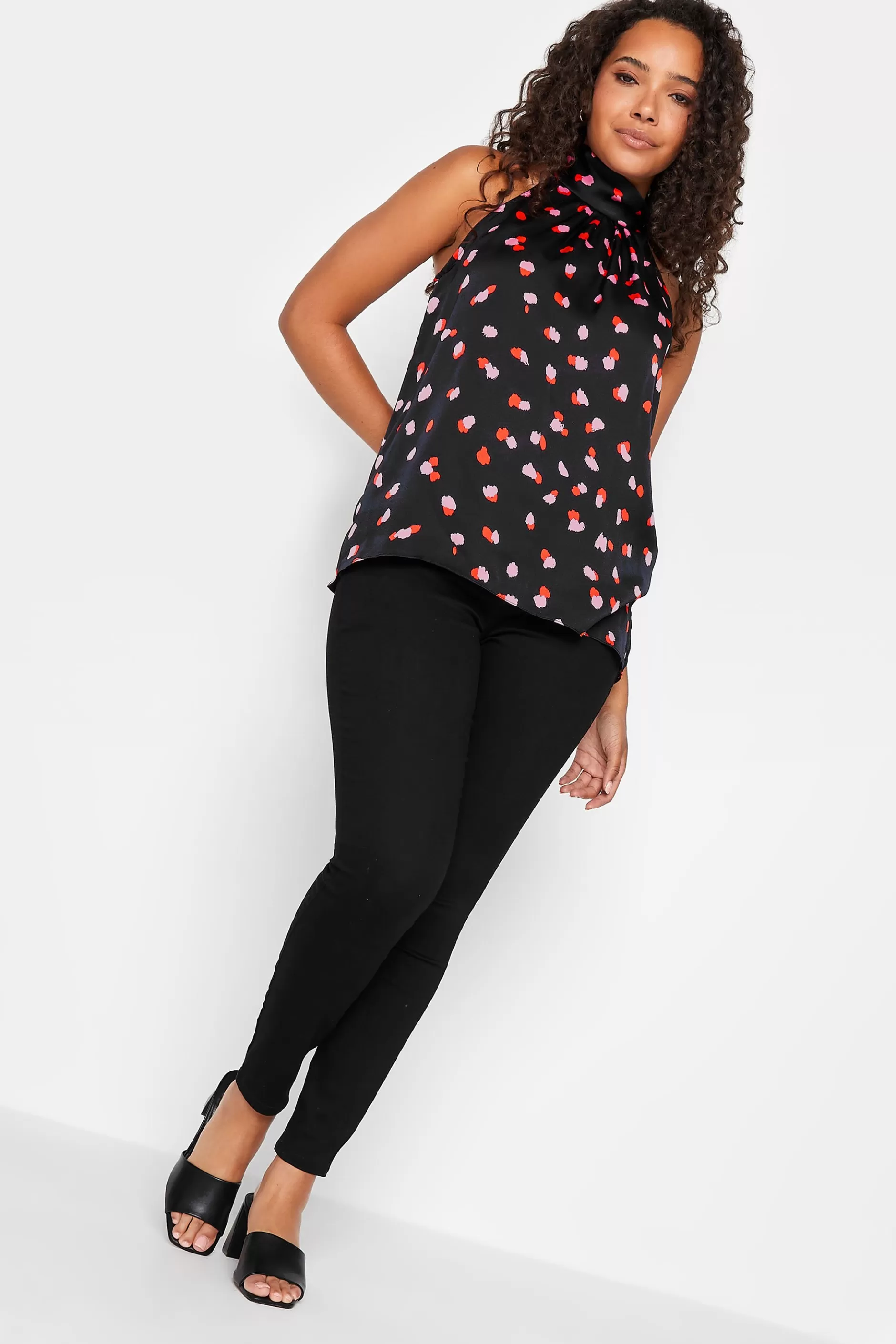 Women M&Co Short Sleeve Tops> Womens Black Spot Print Halterneck Blouse