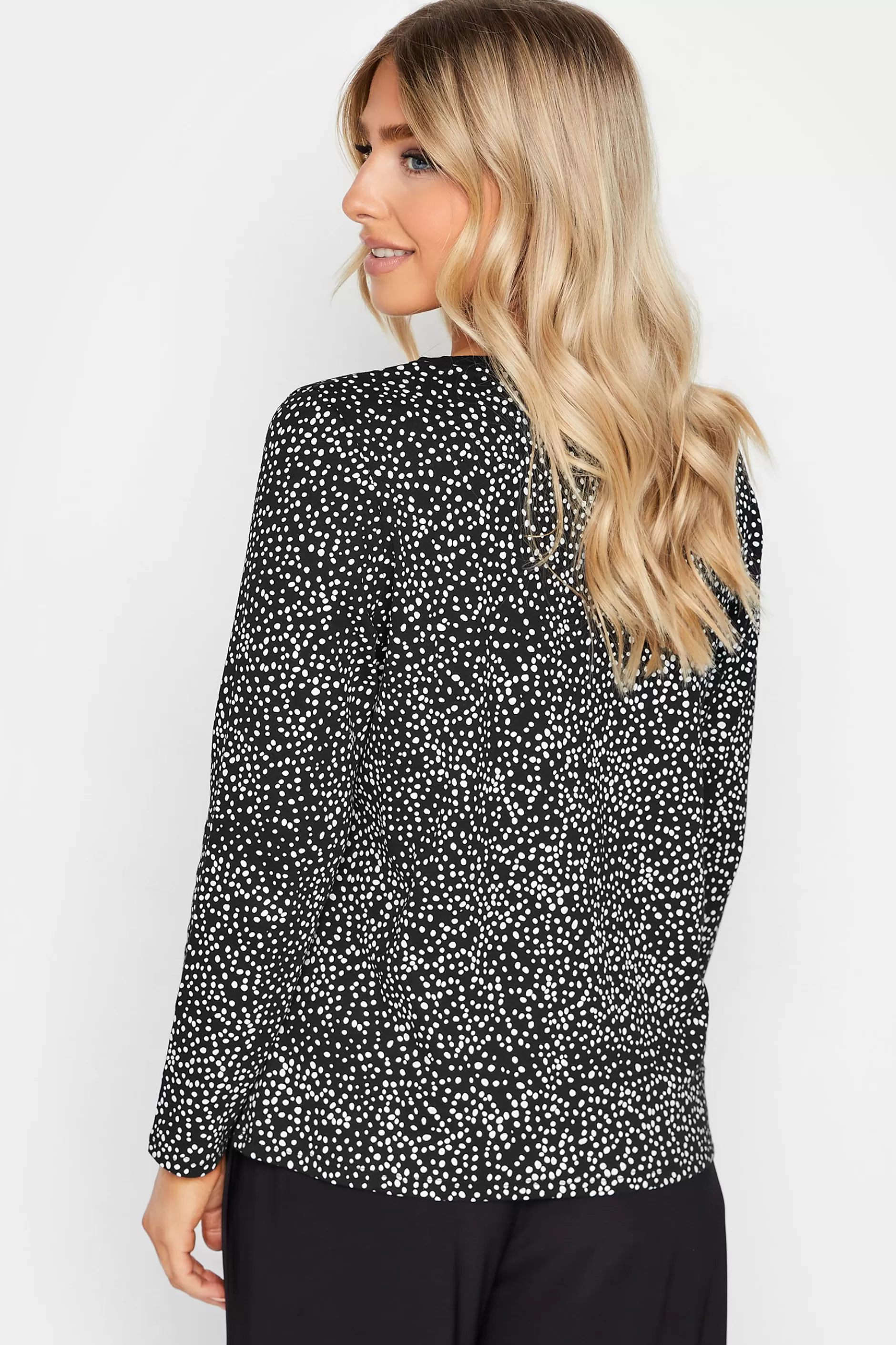 Women M&Co Long Sleeve Tops> Womens Black Spot Print Long Sleeve Cotton Top
