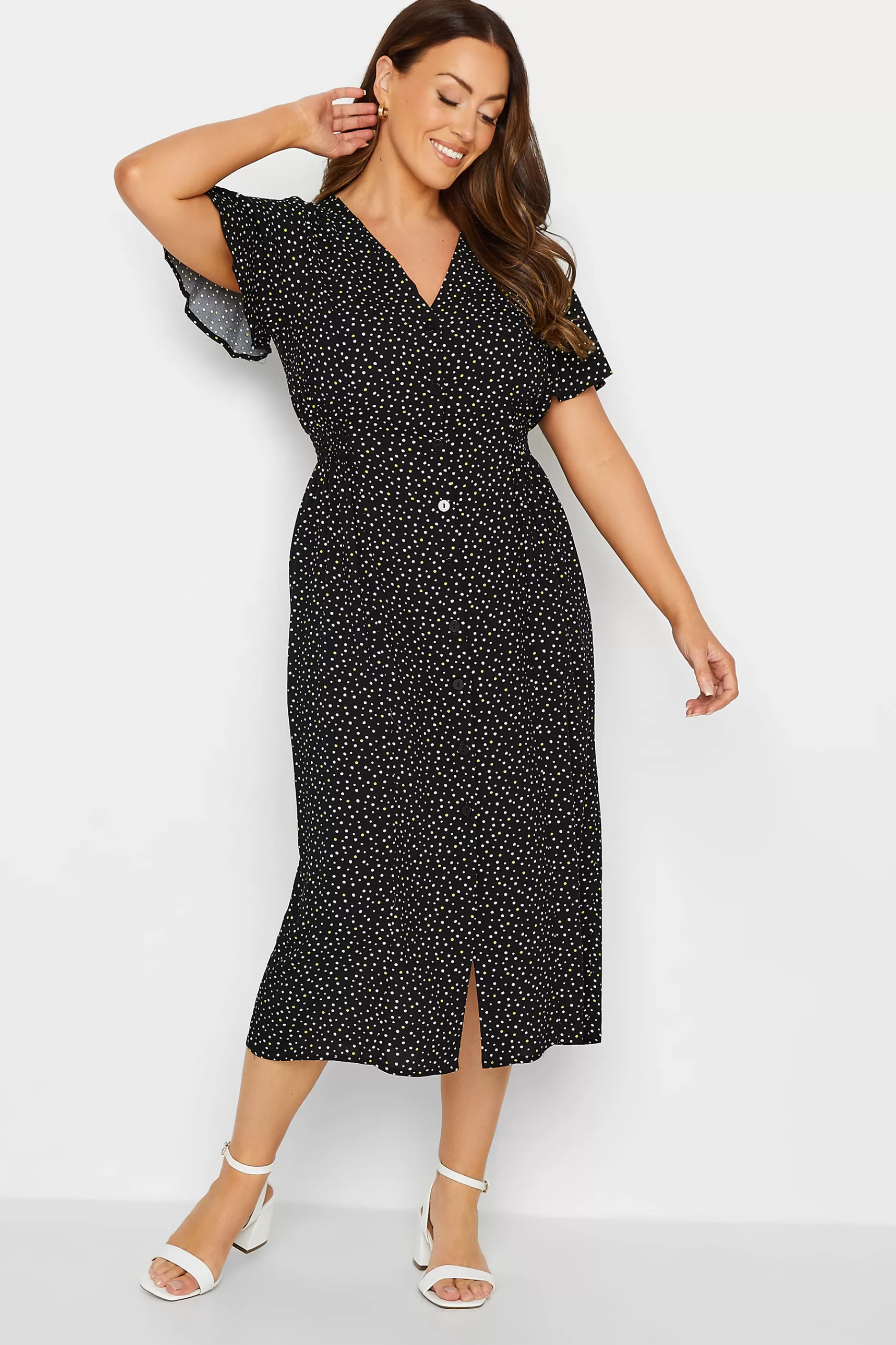 Women M&Co Midi Dresses> Womens Black Spot Print Shirred Waist Dress