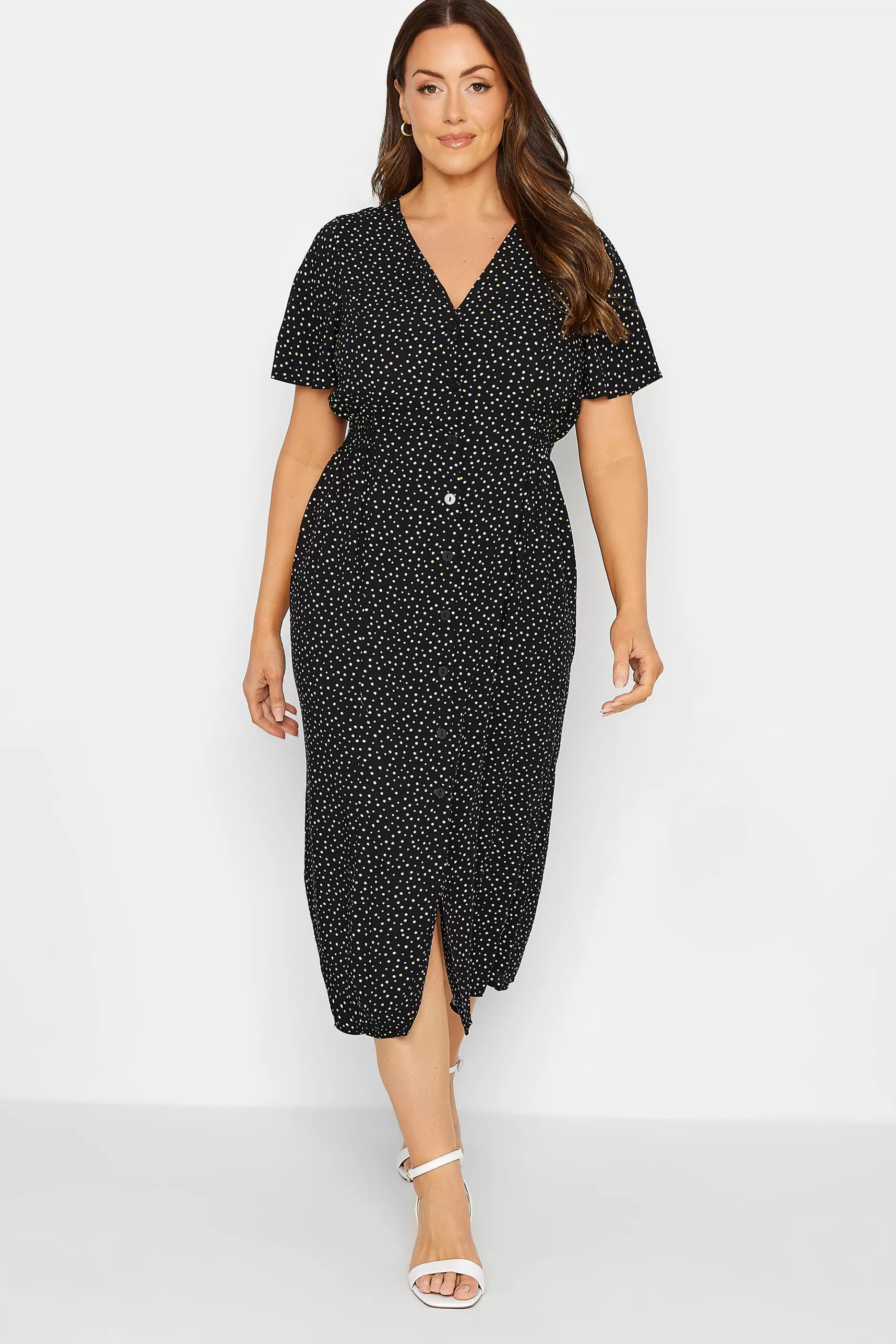 Women M&Co Midi Dresses> Womens Black Spot Print Shirred Waist Dress