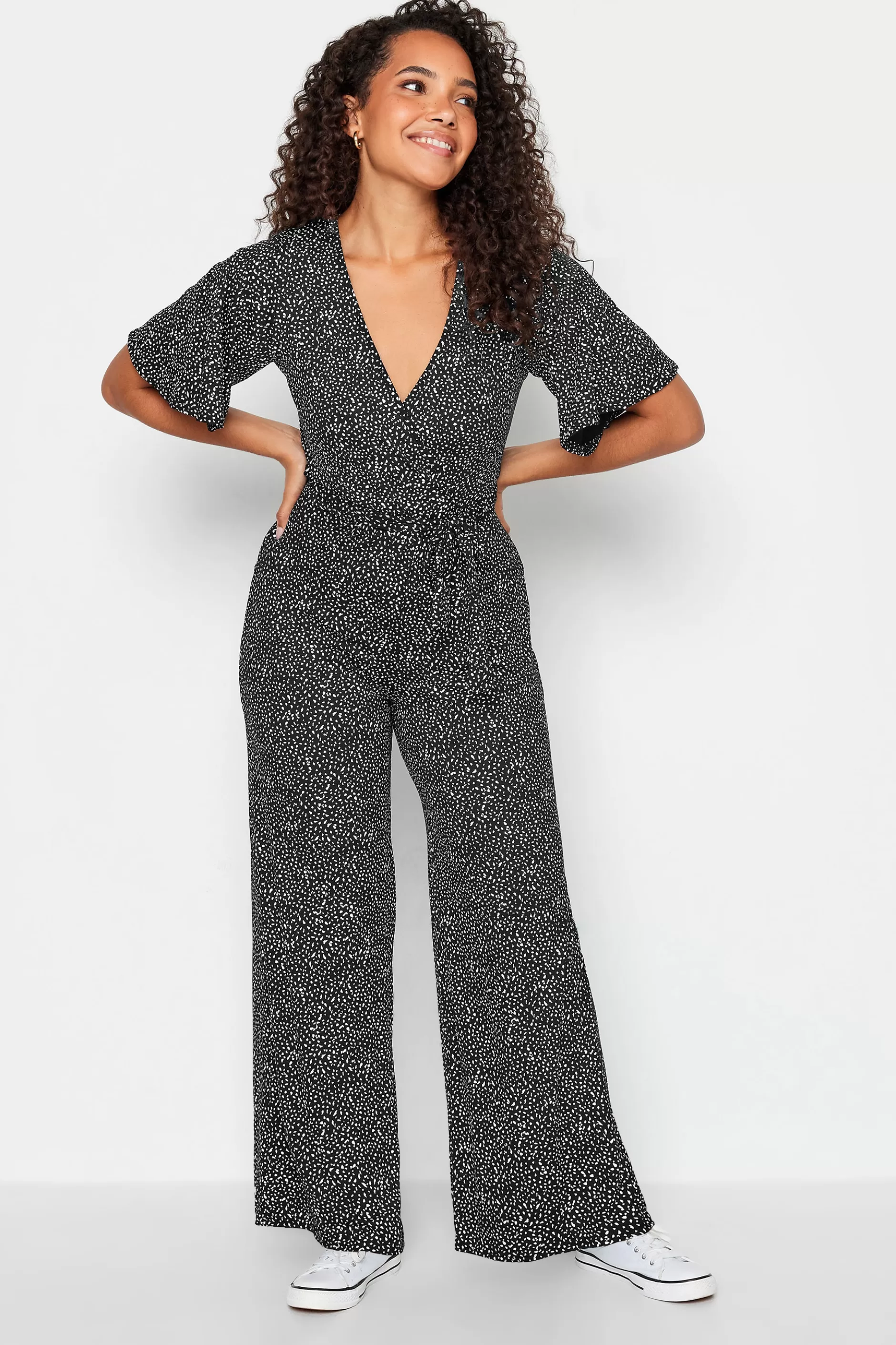 Women M&Co Maxi Dresses> Womens Black Spot Print Wrap Wide Leg Jumpsuit