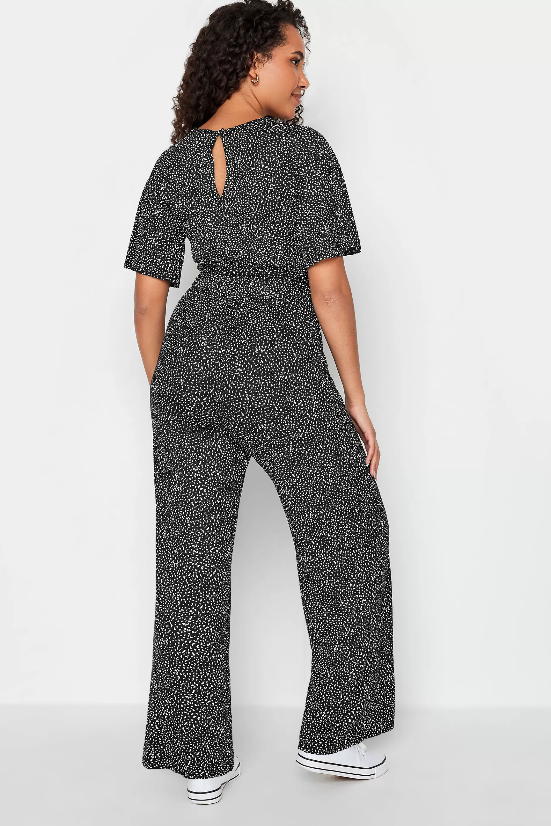 Women M&Co Maxi Dresses> Womens Black Spot Print Wrap Wide Leg Jumpsuit