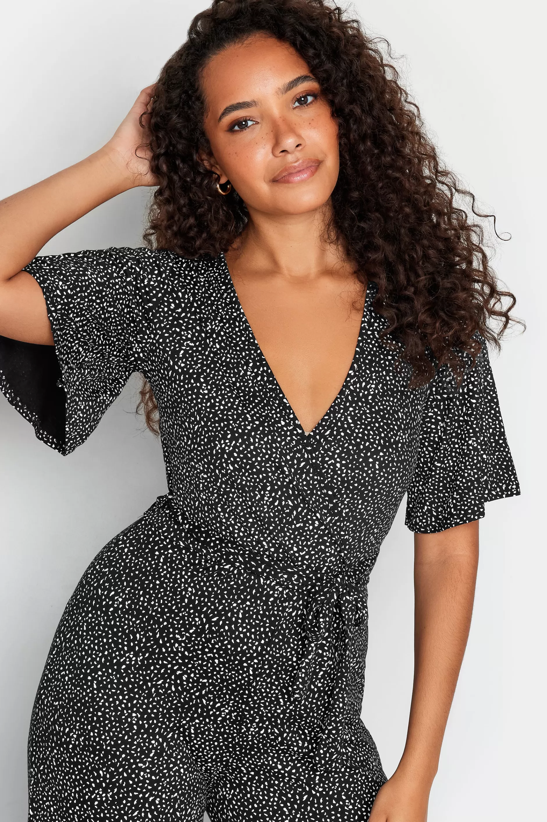 Women M&Co Maxi Dresses> Womens Black Spot Print Wrap Wide Leg Jumpsuit
