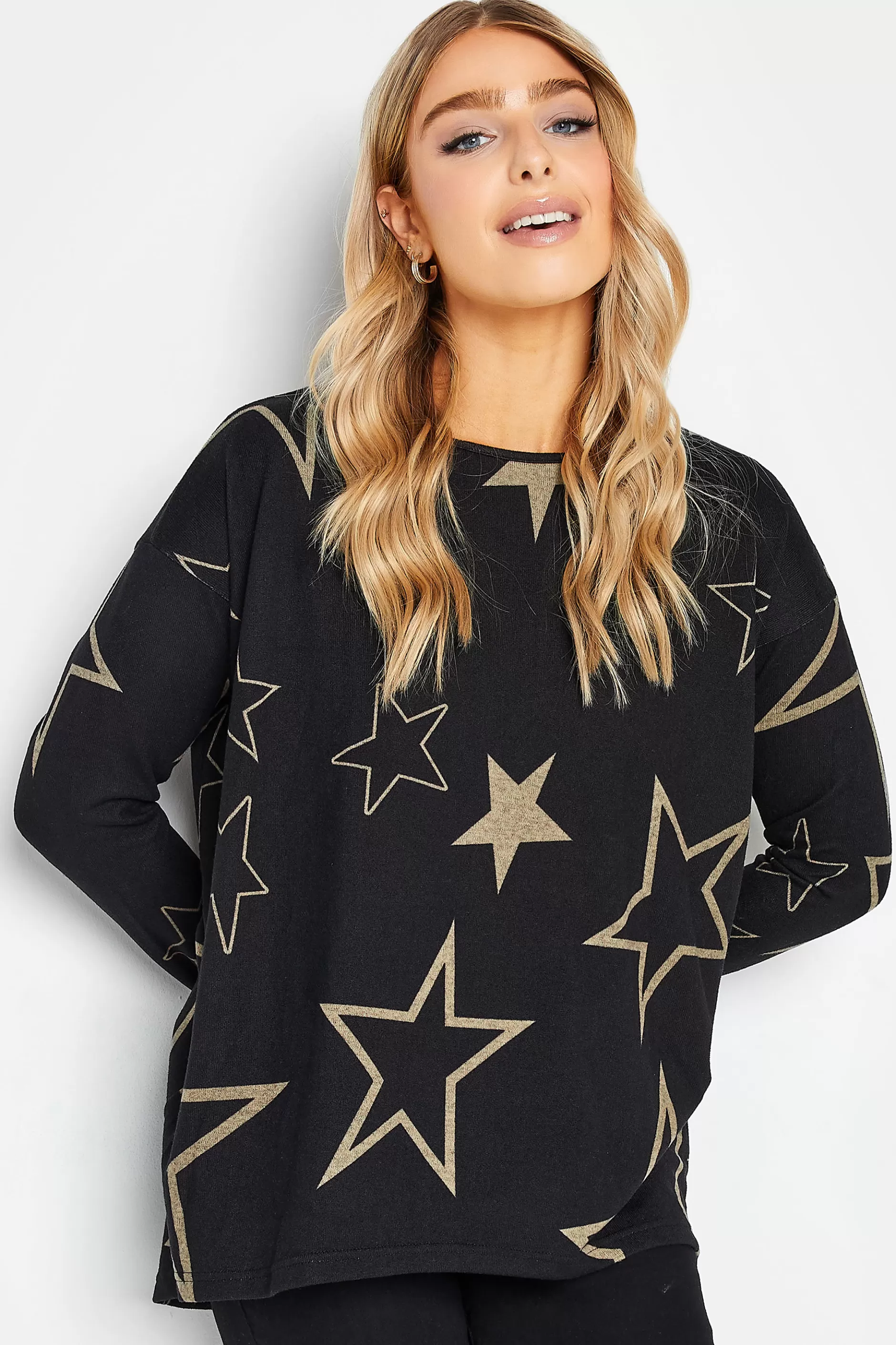 Women M&Co Long Sleeve Tops> Womens Black Star Print Jumper