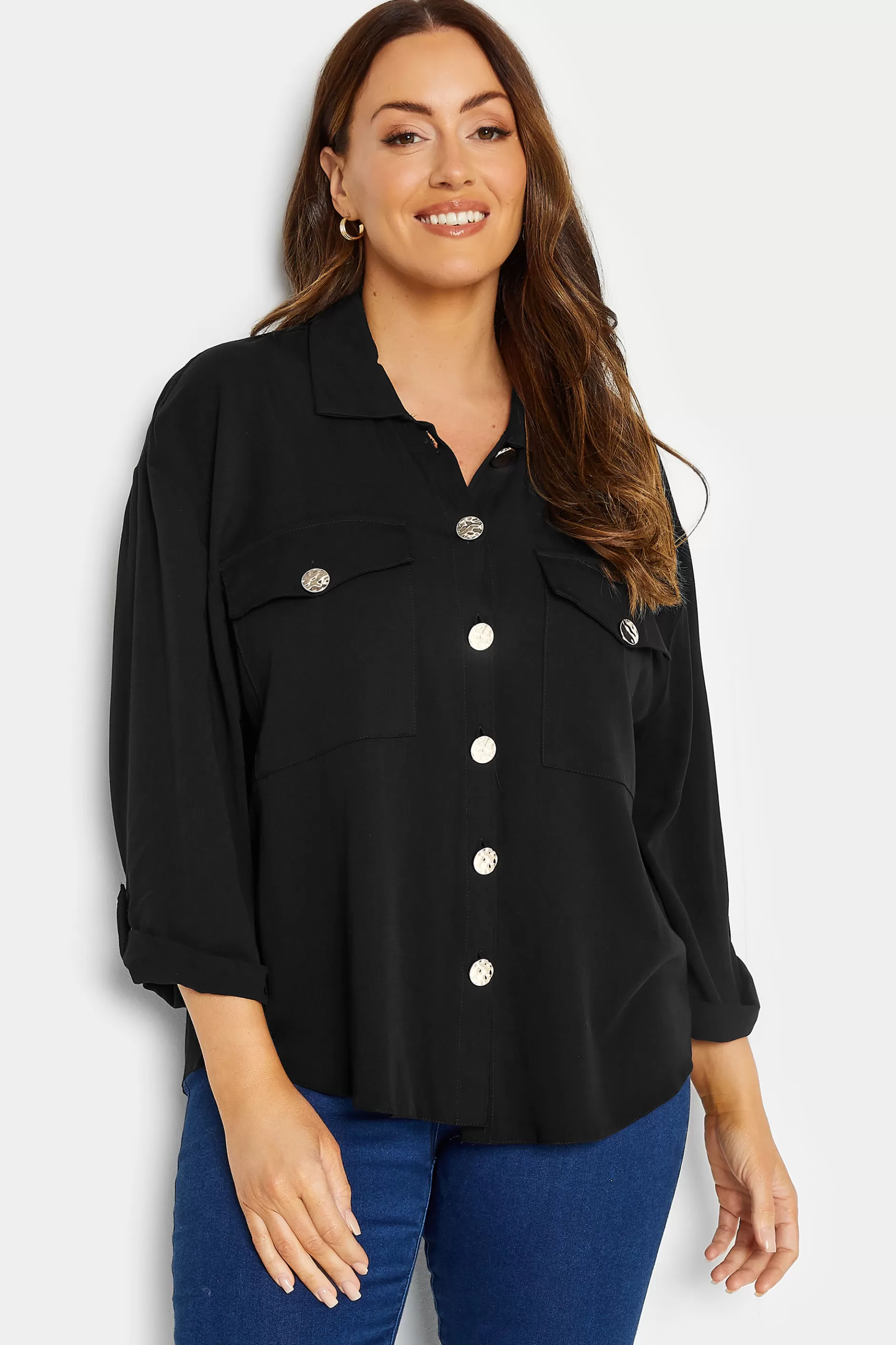 Women M&Co Shirts> Womens Black Statement Button Shirt