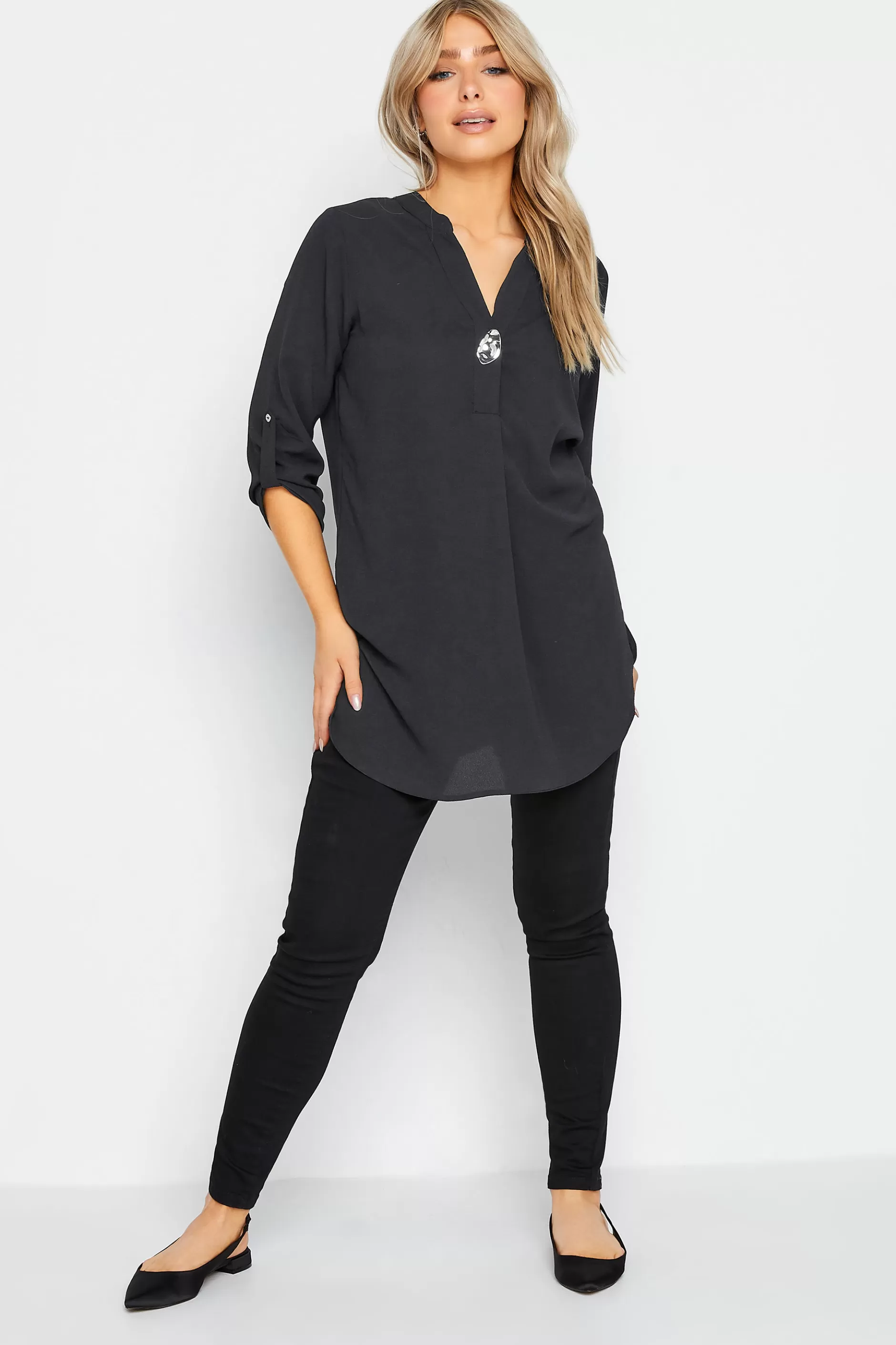 Women M&Co Shirts> Womens Black Statement Button Tab Sleeve Shirt