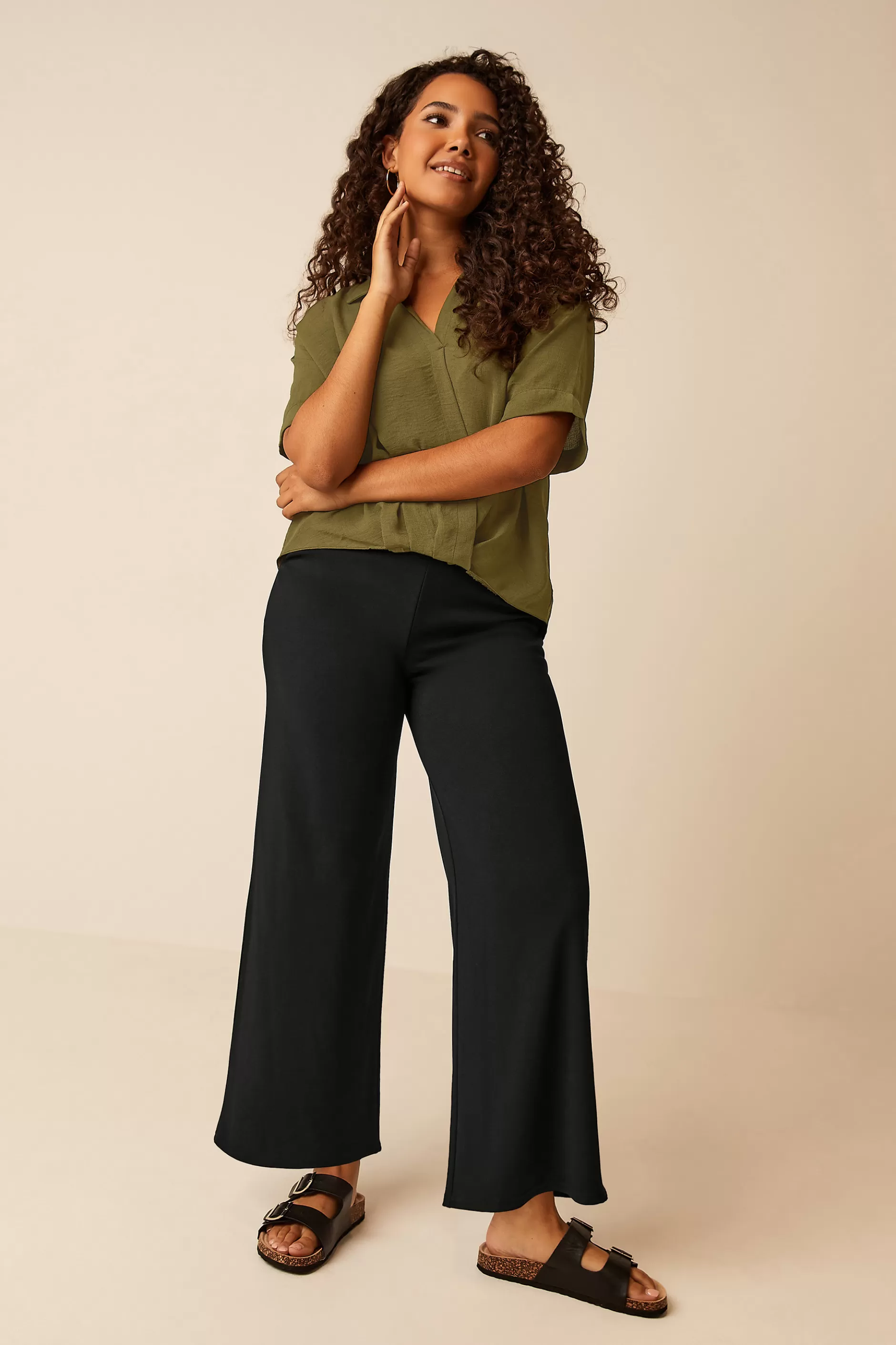 Women M&Co Wide Leg Trousers> Womens Black Stretch Wide Leg Trousers