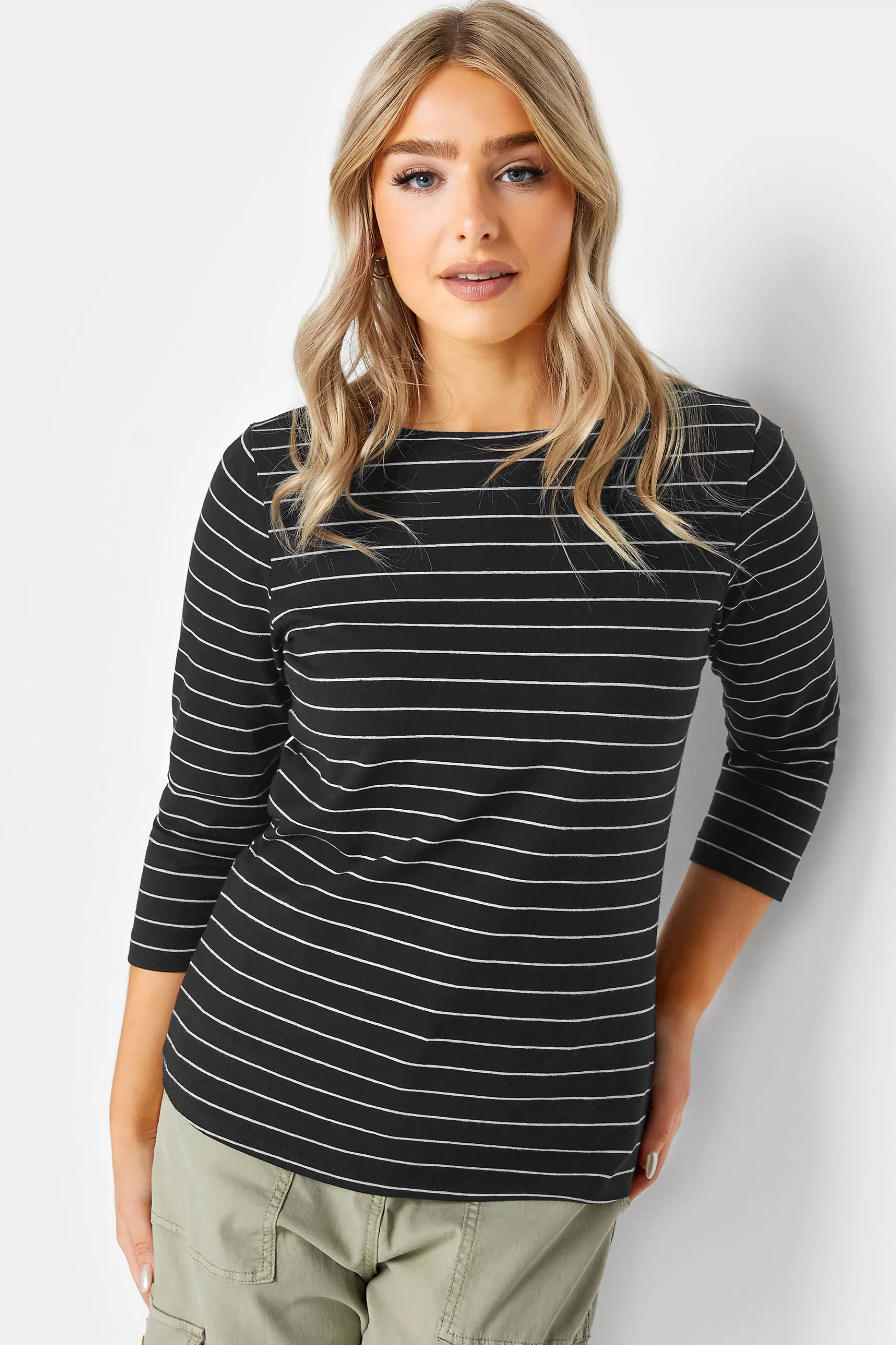 Women M&Co Long Sleeve Tops> Womens Black Stripe Cotton Blend Top