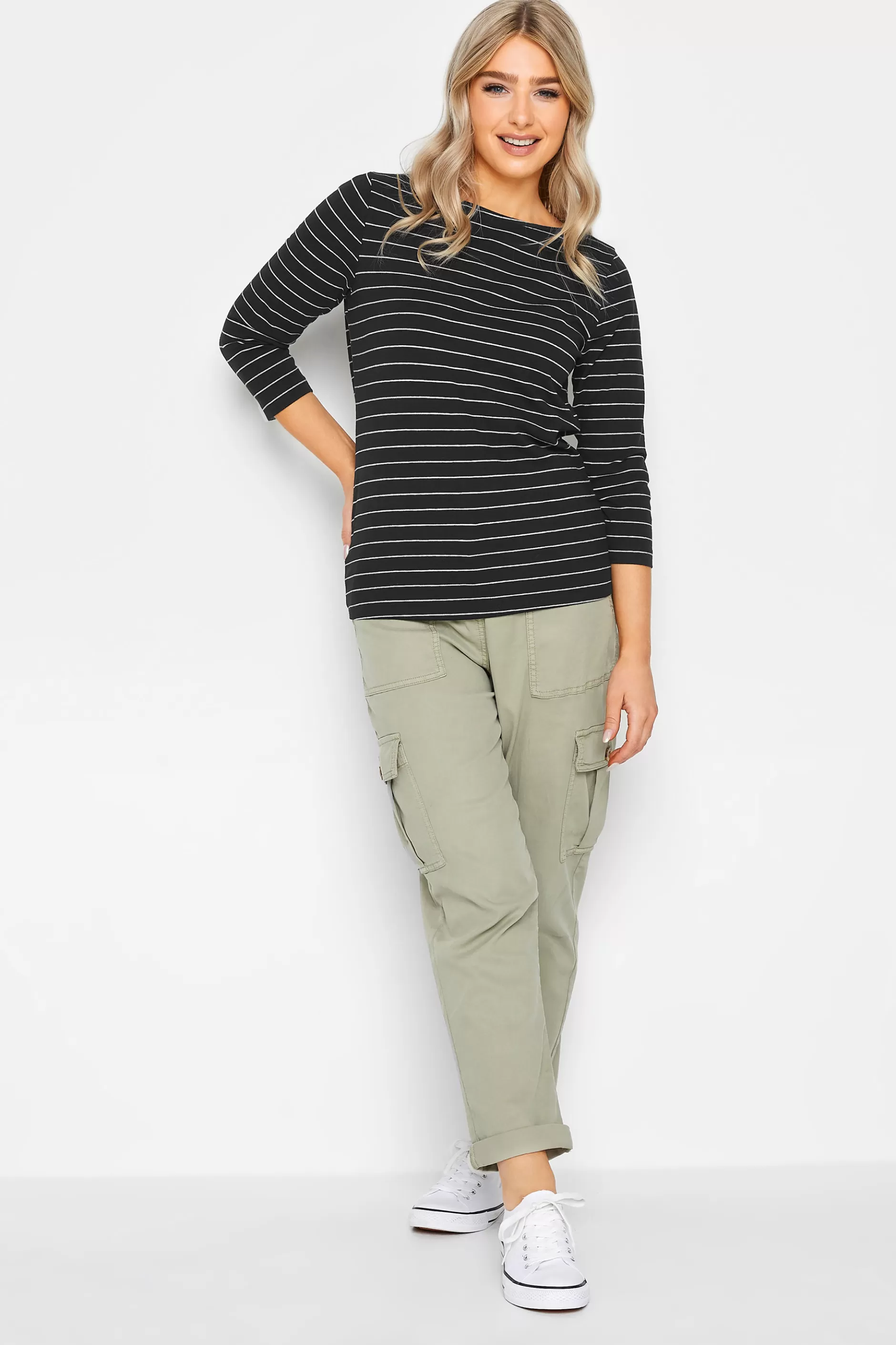 Women M&Co Long Sleeve Tops> Womens Black Stripe Cotton Blend Top