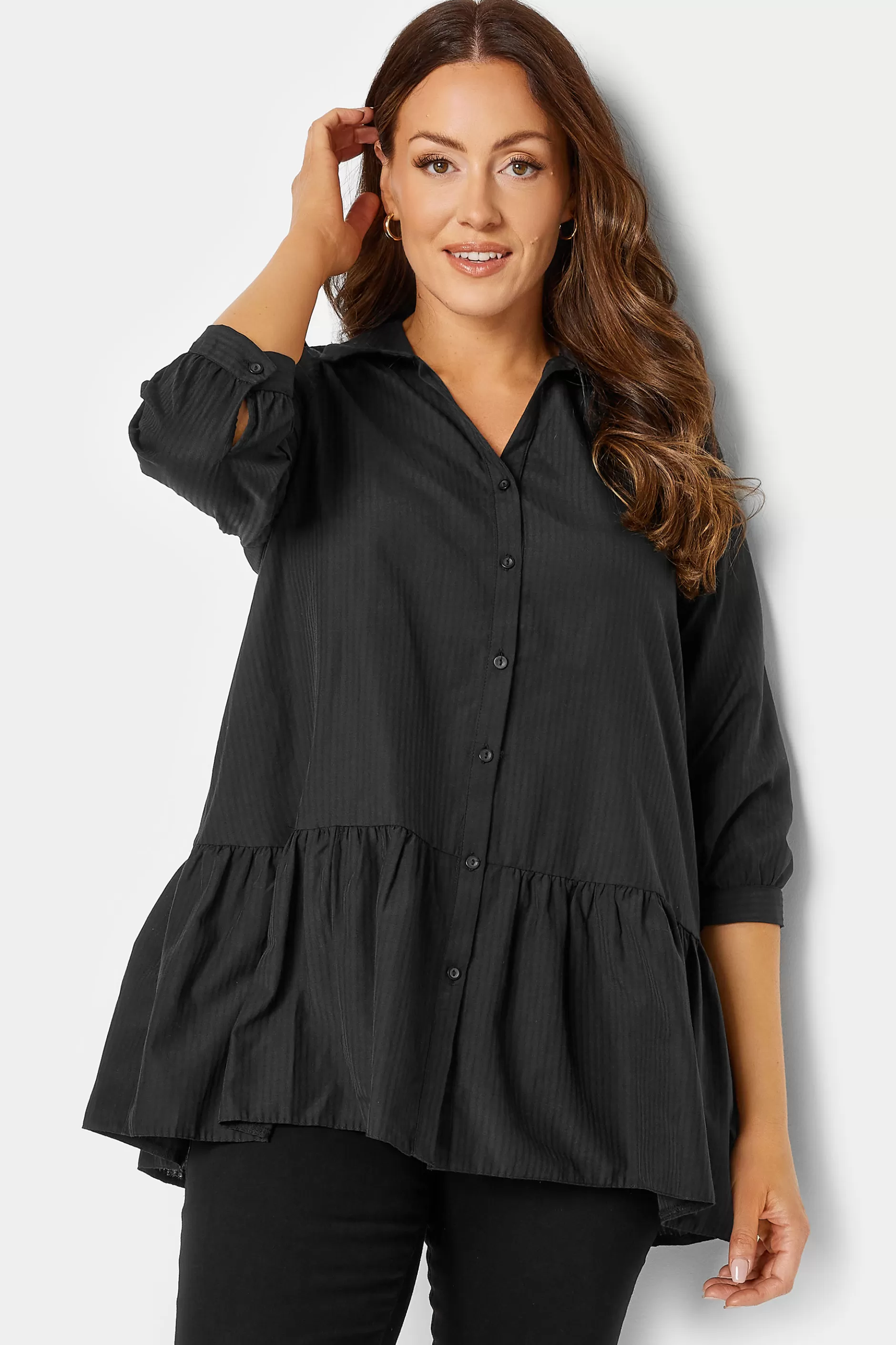 Women M&Co Shirts> Womens Black Stripe Frill Hem Shirt