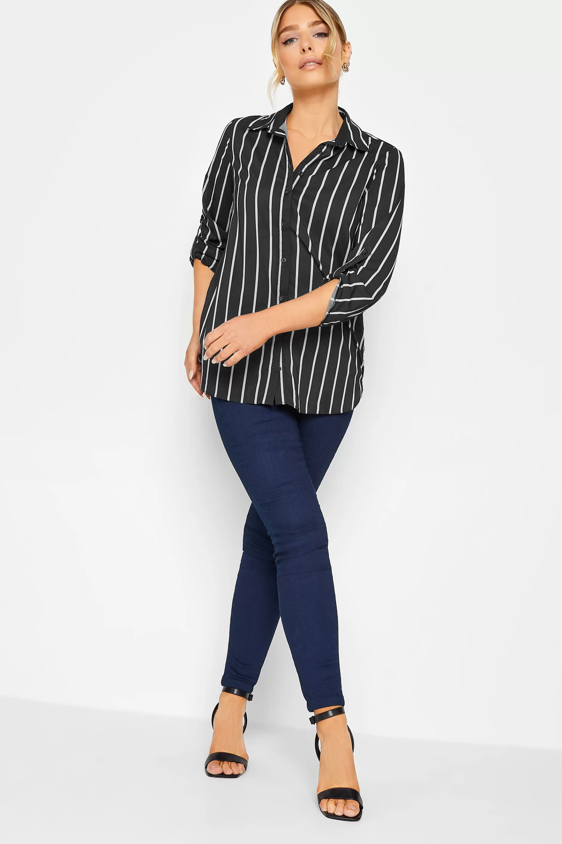 Women M&Co Shirts> Womens Black Stripe Long Sleeve Shirt