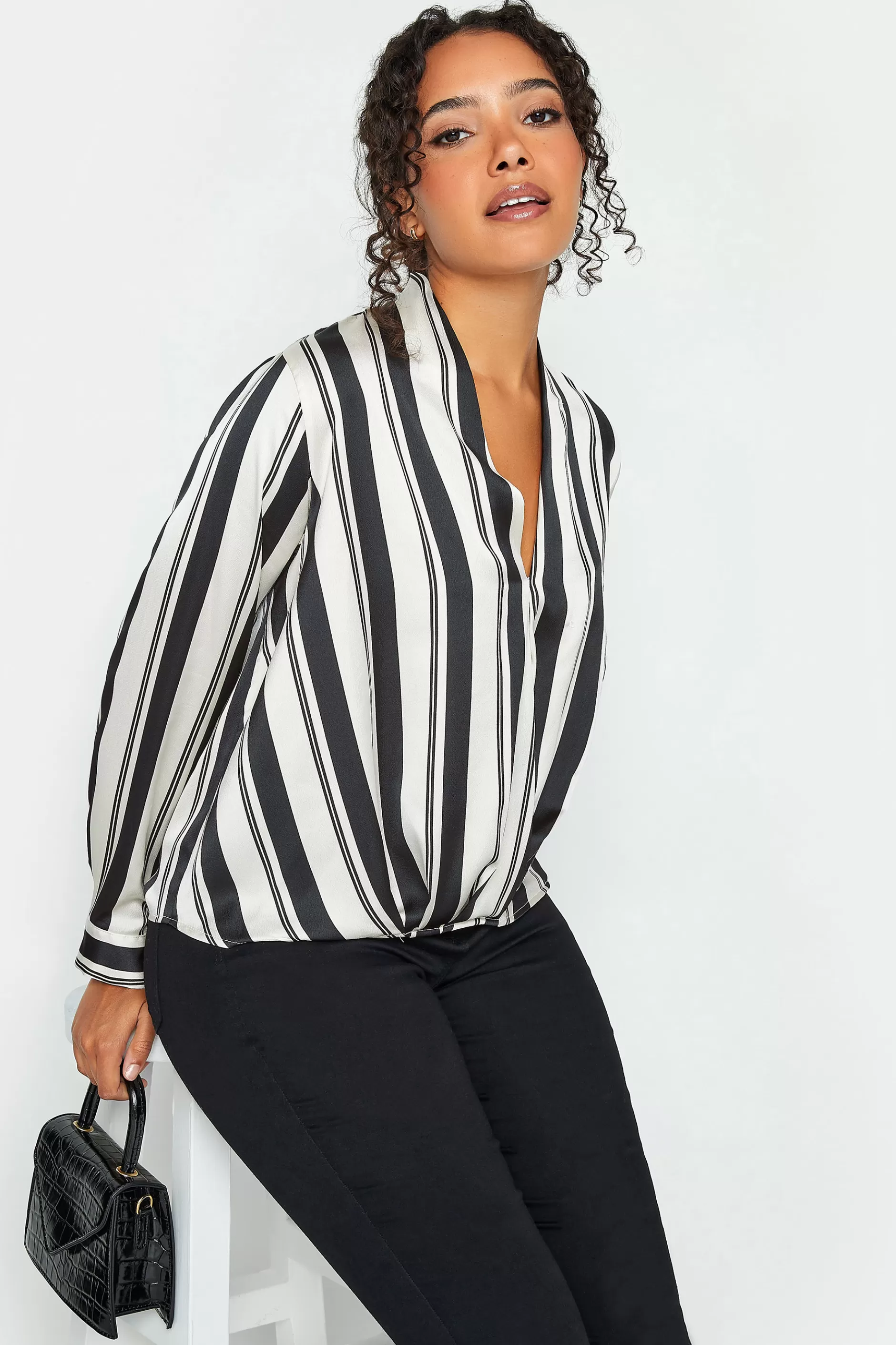 Women M&Co Long Sleeve Tops> Womens Black Stripe Print Wrap Front Blouse