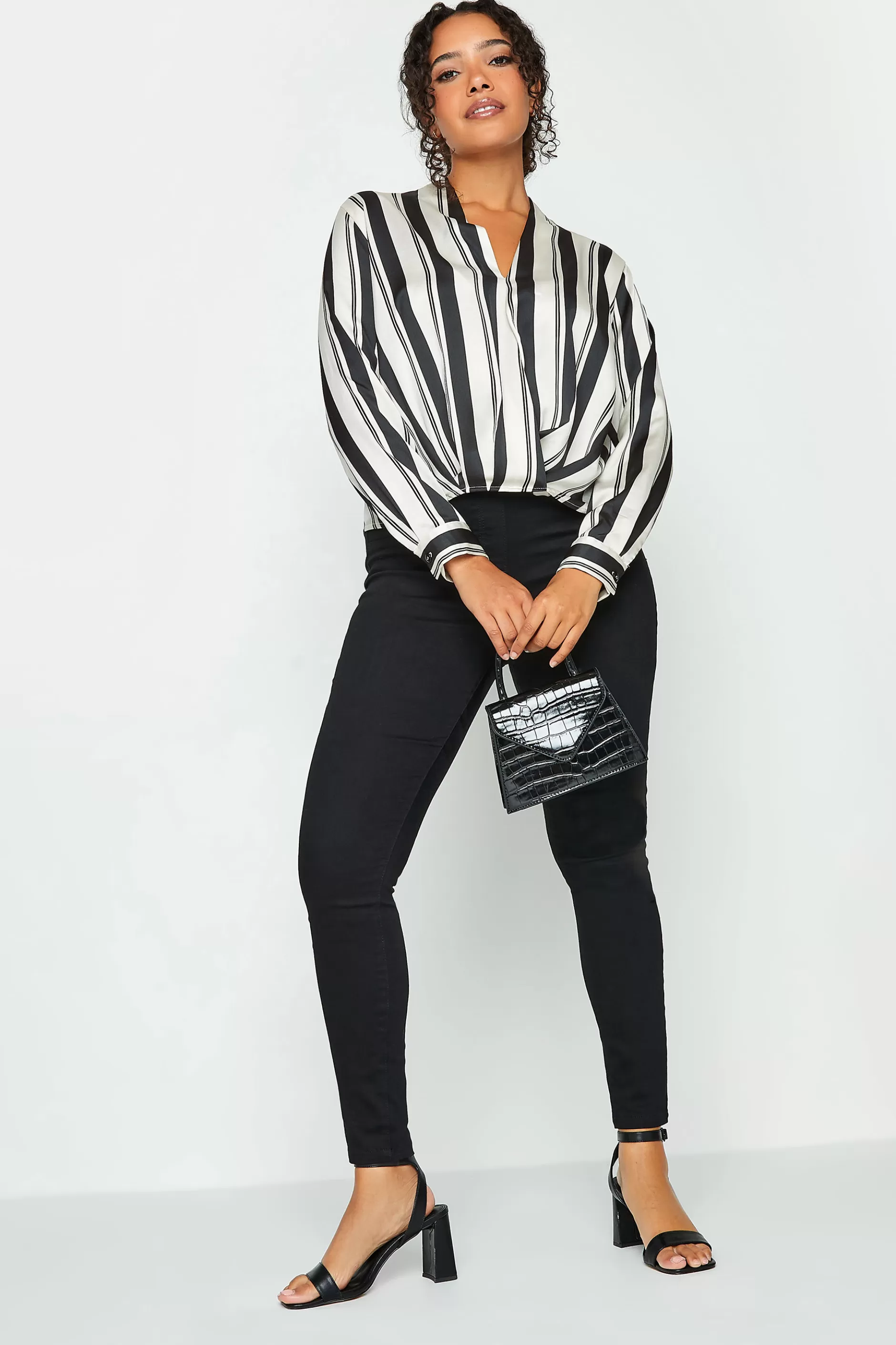 Women M&Co Long Sleeve Tops> Womens Black Stripe Print Wrap Front Blouse