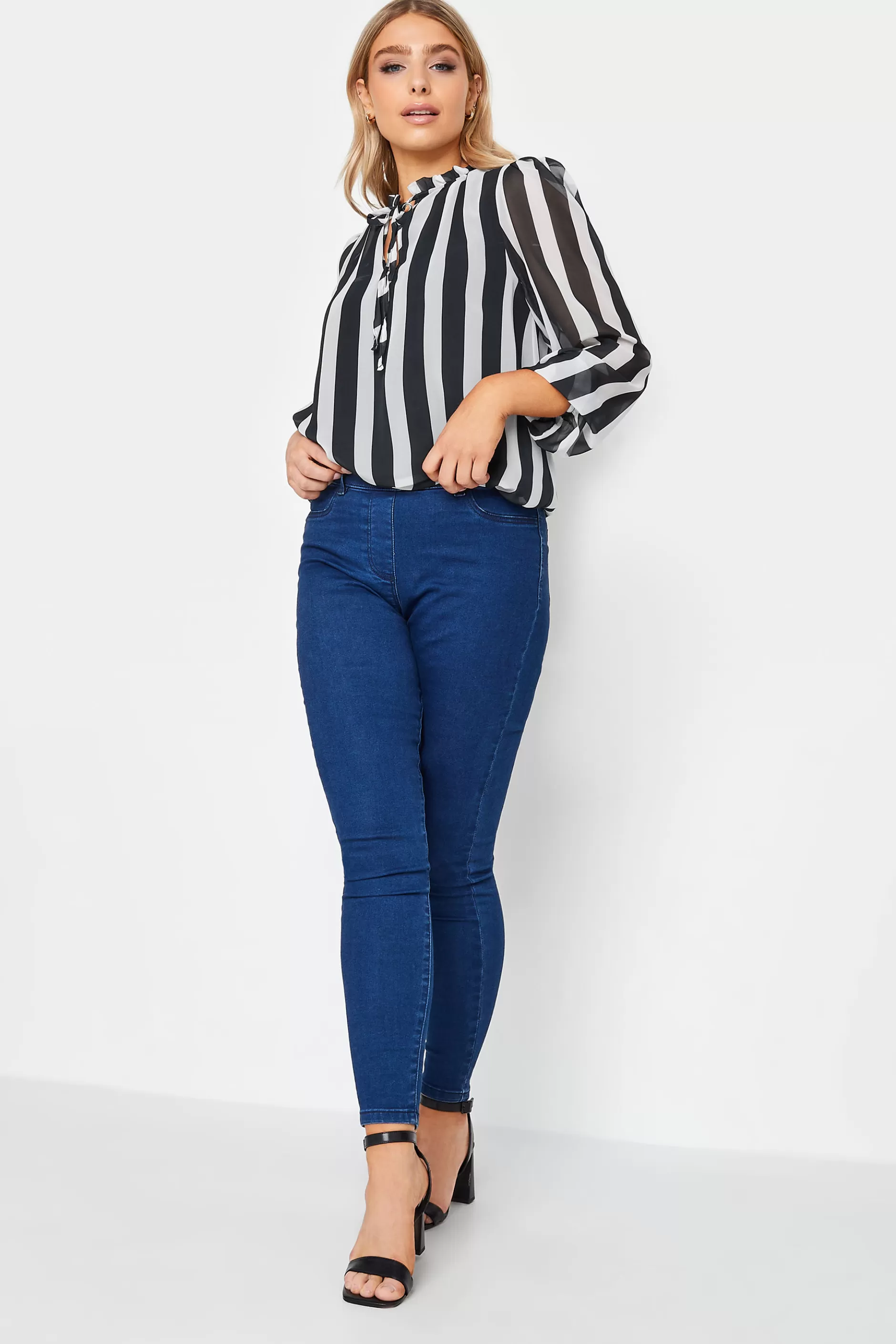 Women M&Co Shirts> Womens Black Stripe Tie Neck Blouse