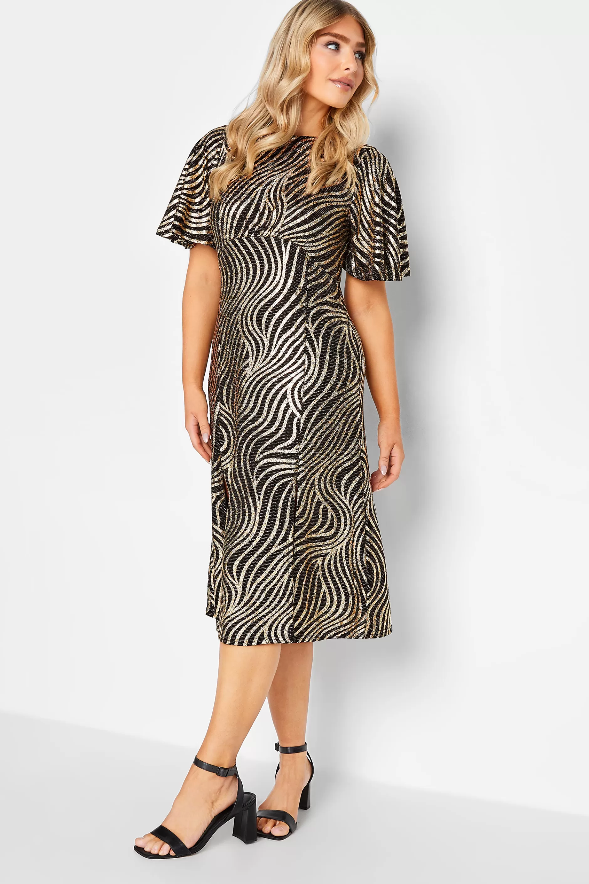 Women M&Co Wedding Guest Dresses> Womens Black Swirl Print Angel Sleeve Split Hem Midi Dress