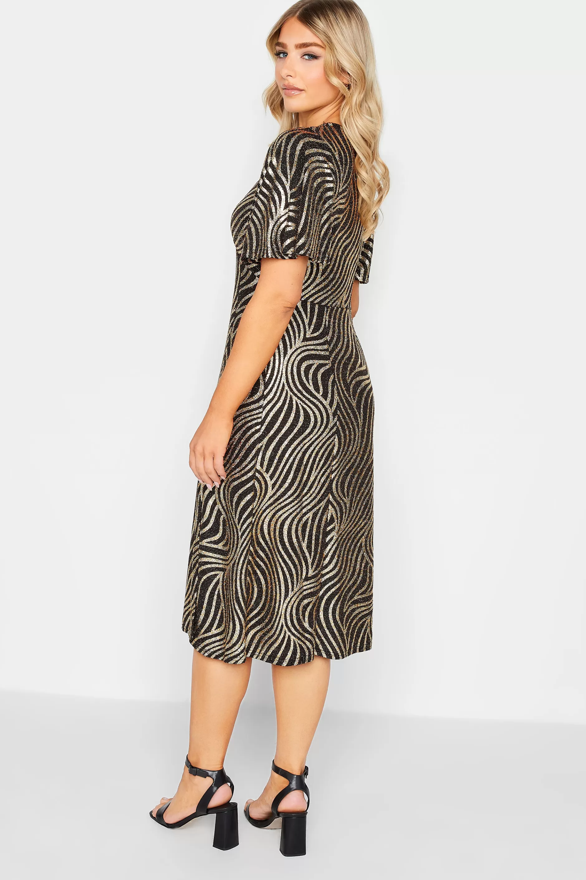 Women M&Co Wedding Guest Dresses> Womens Black Swirl Print Angel Sleeve Split Hem Midi Dress