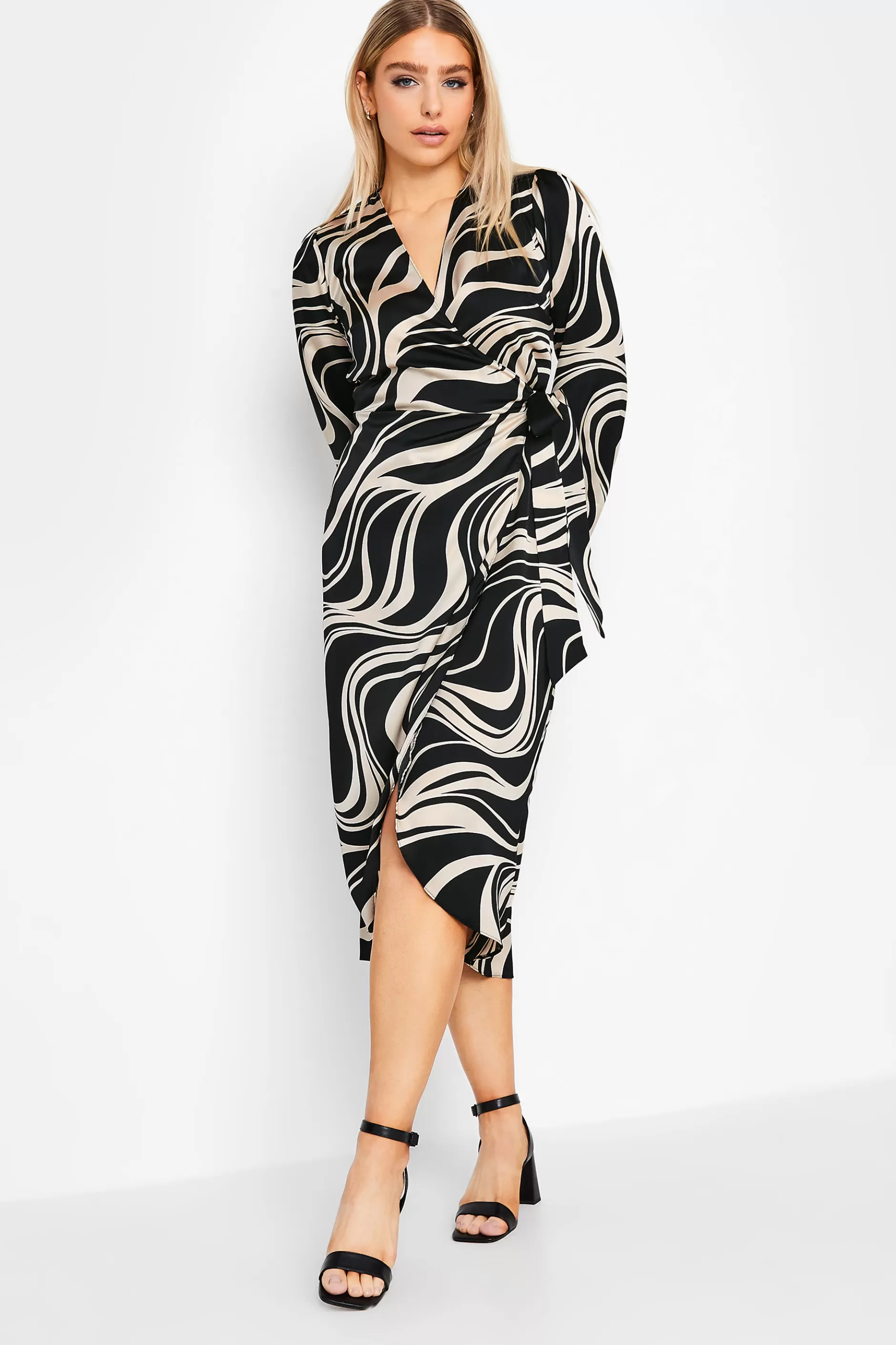 Women M&Co Wedding Guest Dresses> Womens Black Swirl Print Midi Wrap Dress