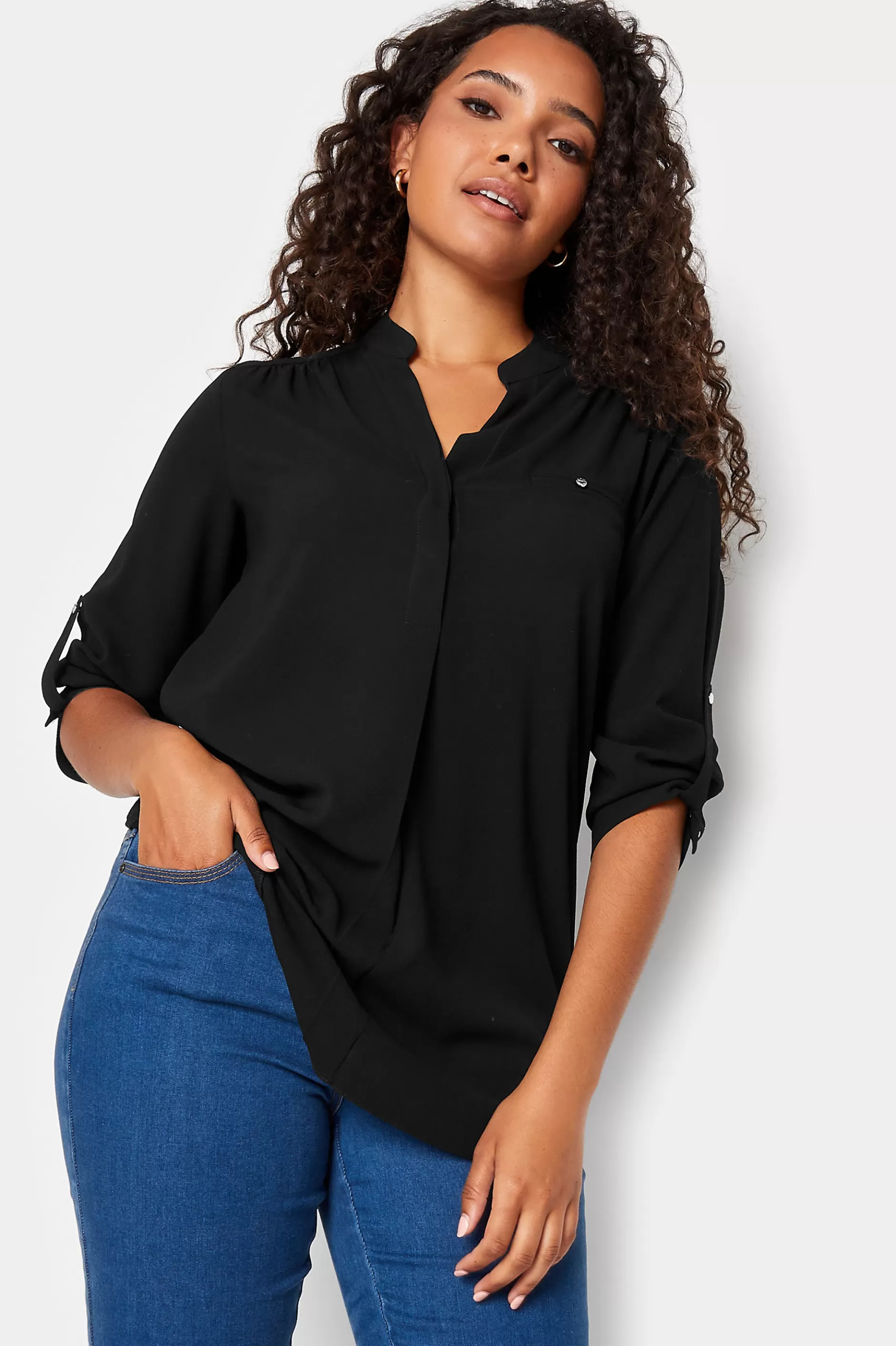 Women M&Co Shirts> Womens Black Tab Sleeve Blouse