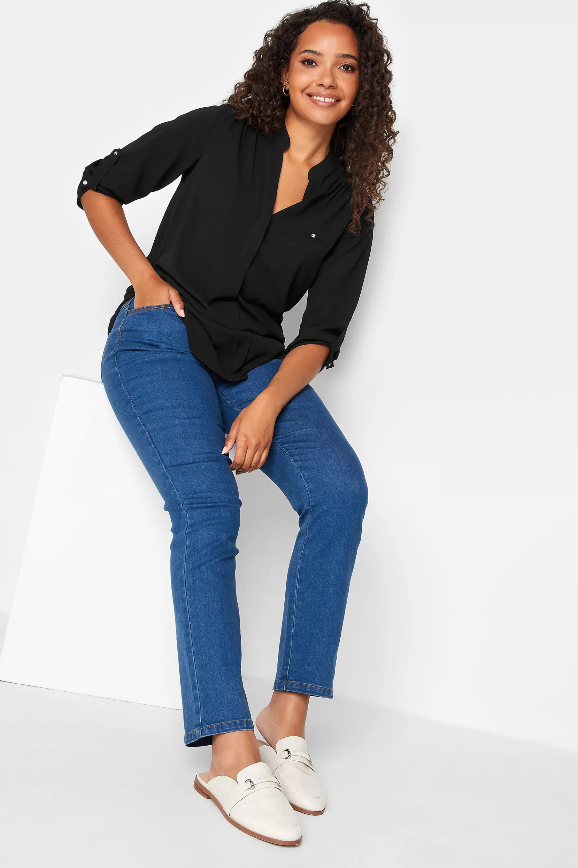 Women M&Co Shirts> Womens Black Tab Sleeve Blouse