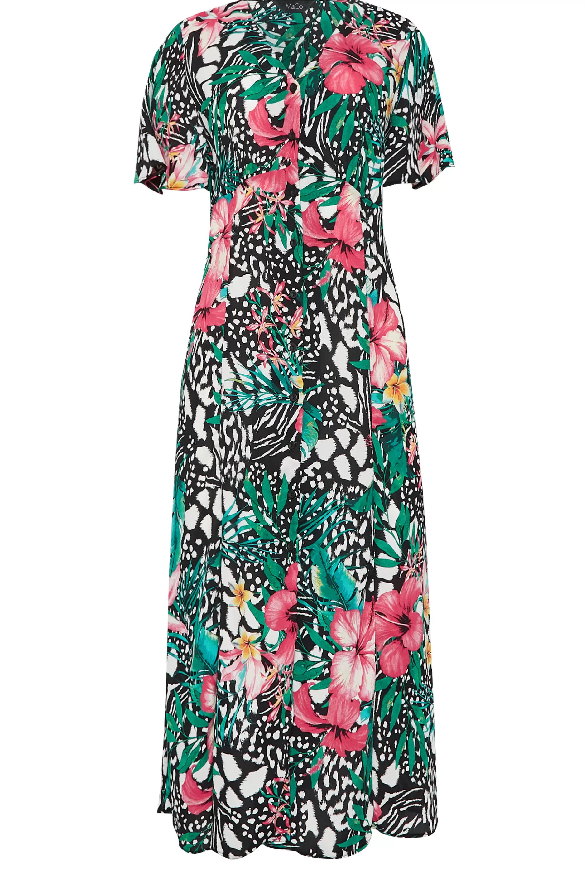 Women M&Co Midi Dresses> Womens Black Tropical Mixed Print Midi Tea Dress