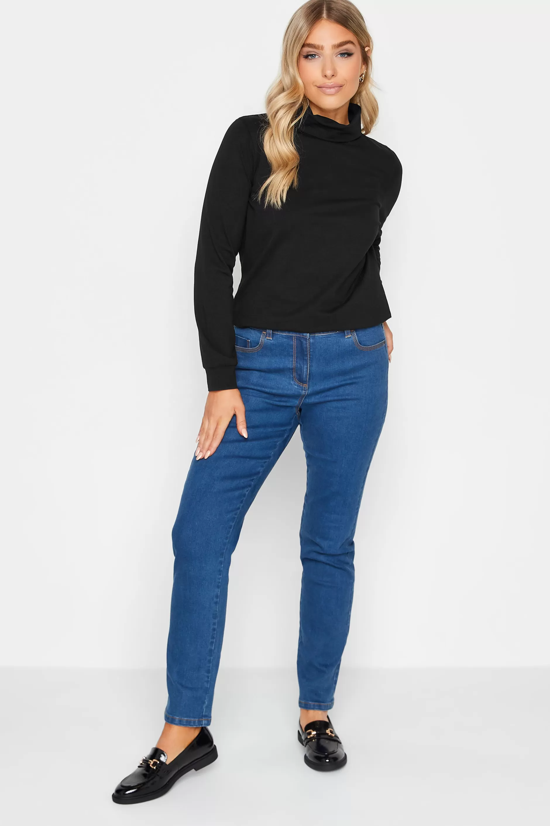 Women M&Co T-Shirts> Womens Black Turtle Neck Long Sleeve Cotton Blend Top