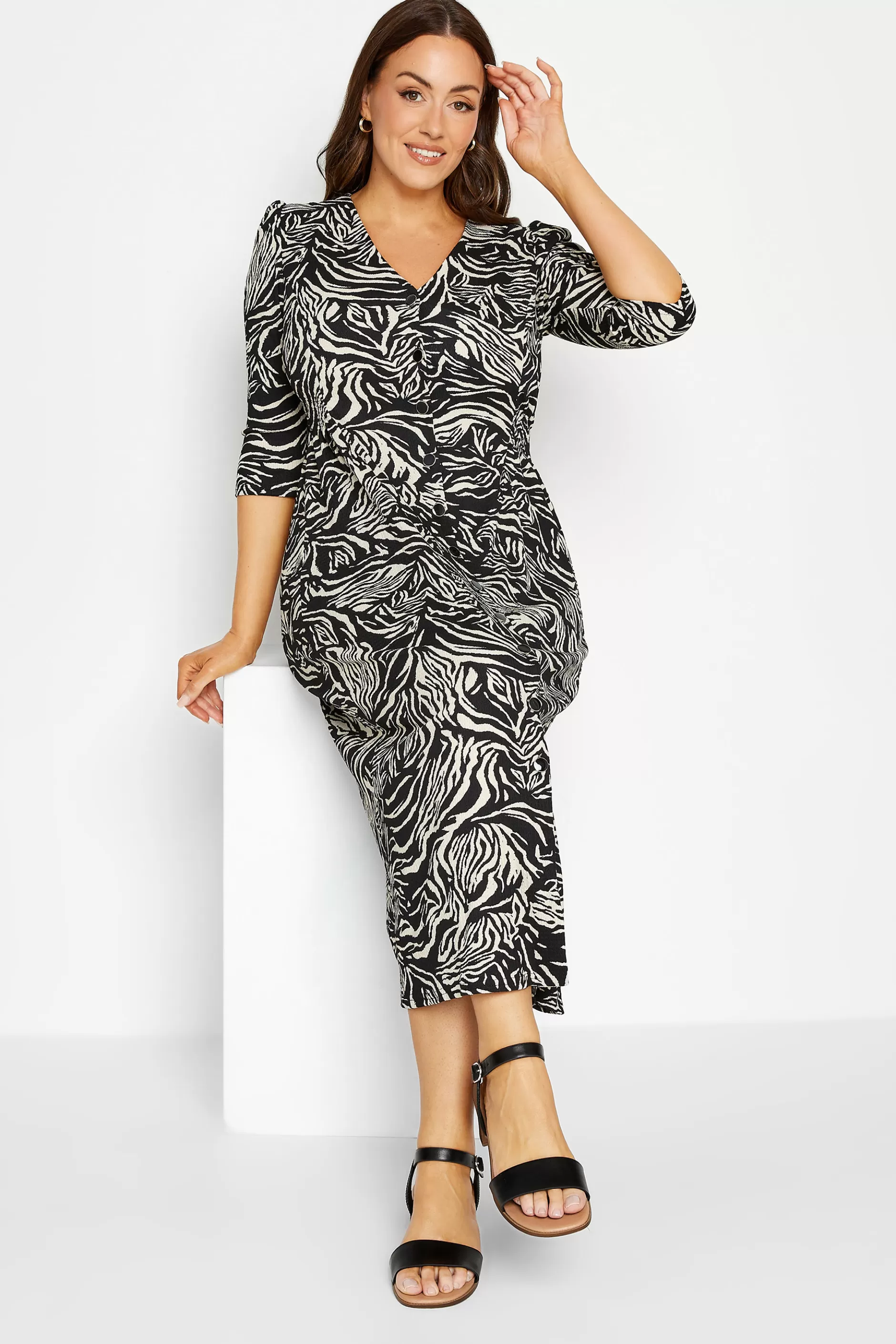 Women M&Co Wedding Guest Dresses> Womens Black Zebra Print Button Through Midaxi Dress