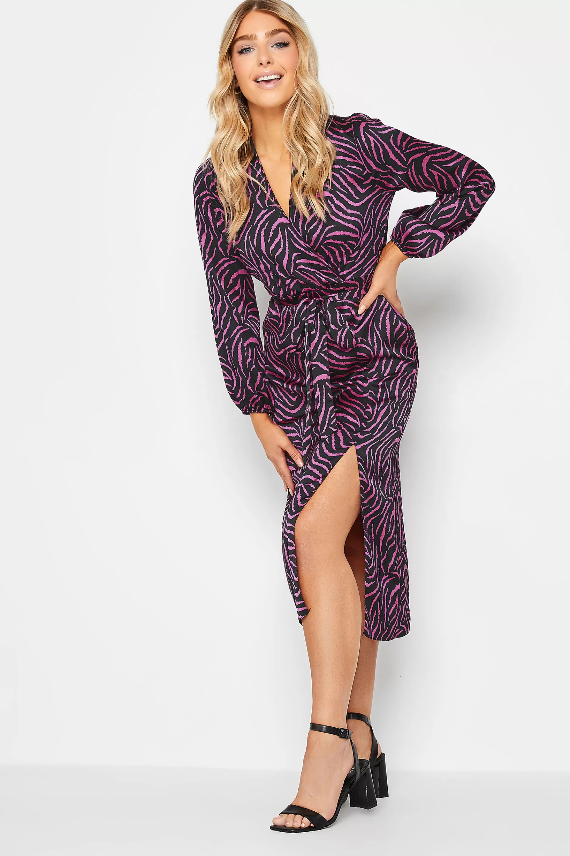 Women M&Co Wedding Guest Dresses> Womens Black Zebra Print Tie Belt Wrap Dress