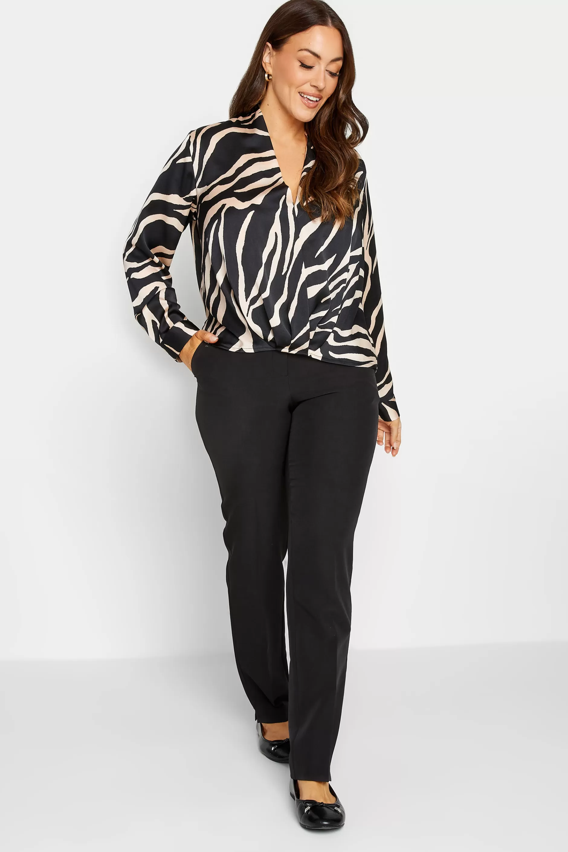 Women M&Co Long Sleeve Tops> Womens Black Zebra Print Wrap Front Blouse