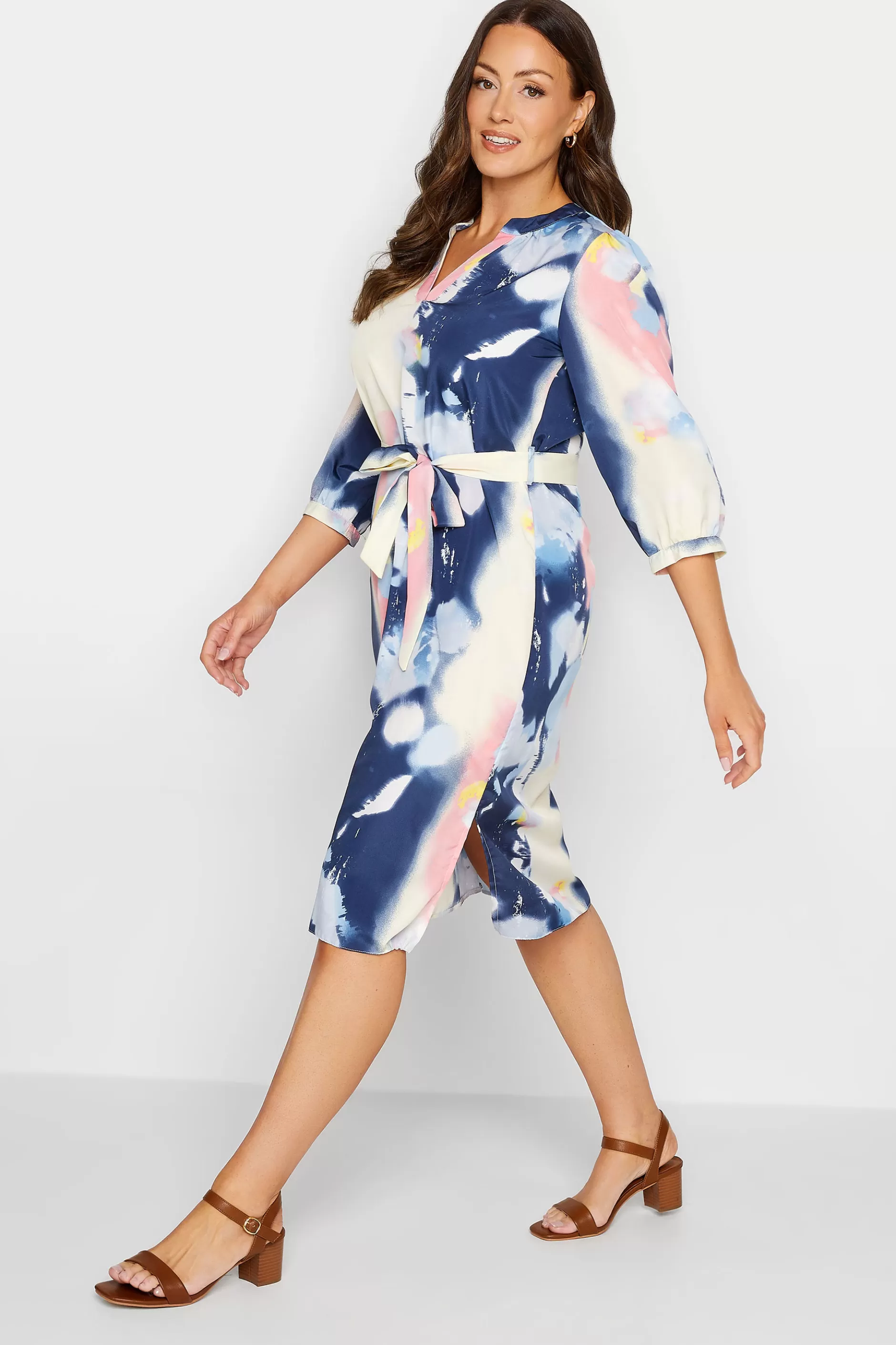 Women M&Co Wedding Guest Dresses> Womens Blue Abstract Print Tie Waist Tunic Dress