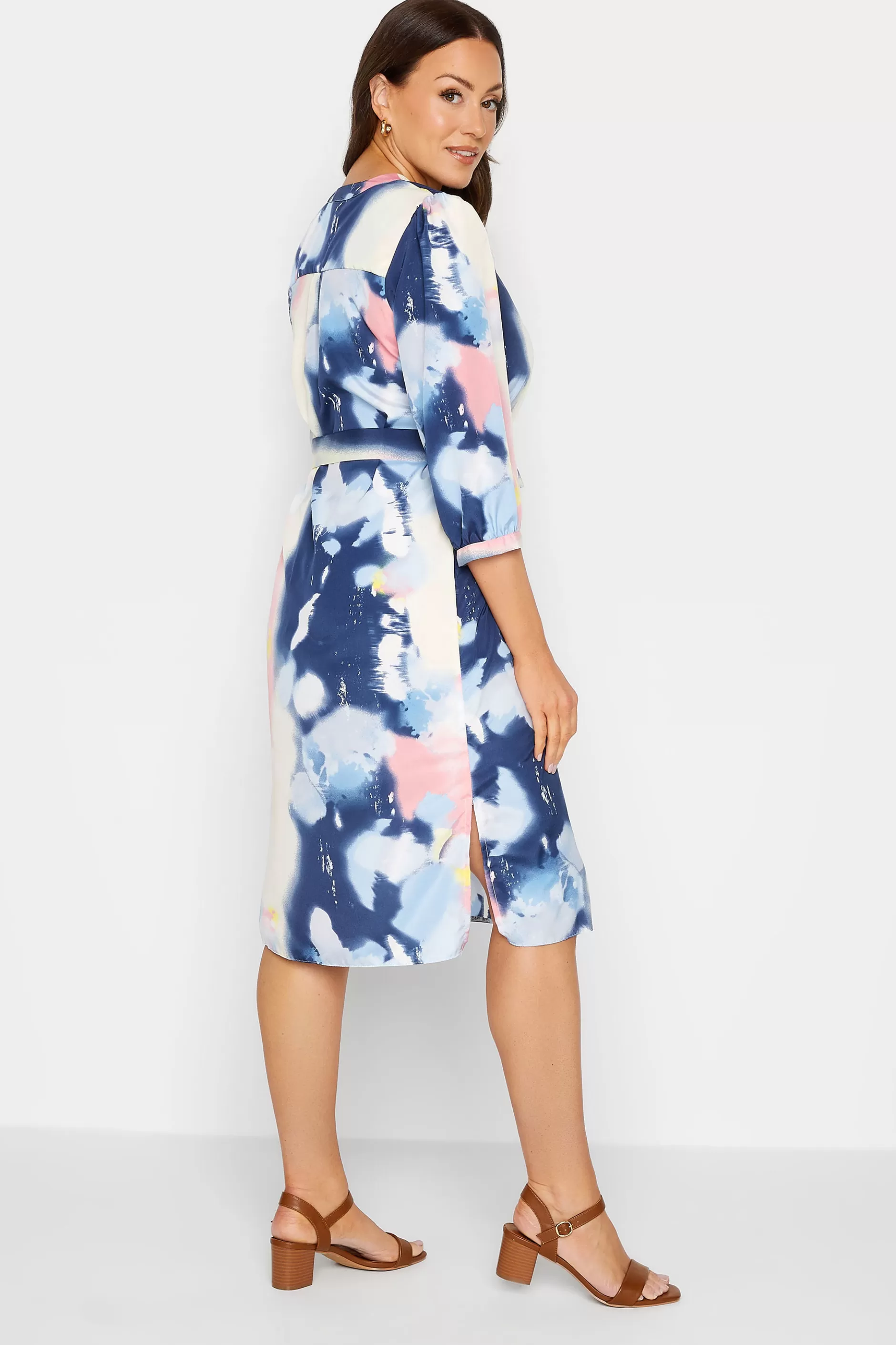 Women M&Co Wedding Guest Dresses> Womens Blue Abstract Print Tie Waist Tunic Dress