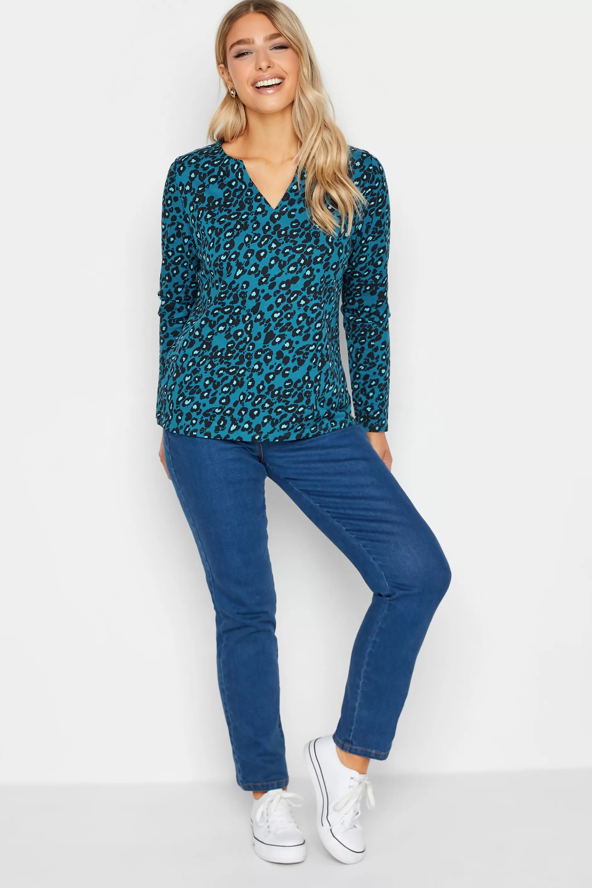 Women M&Co T-Shirts> Womens Blue Animal Print Notch Neck Cotton T-Shirt