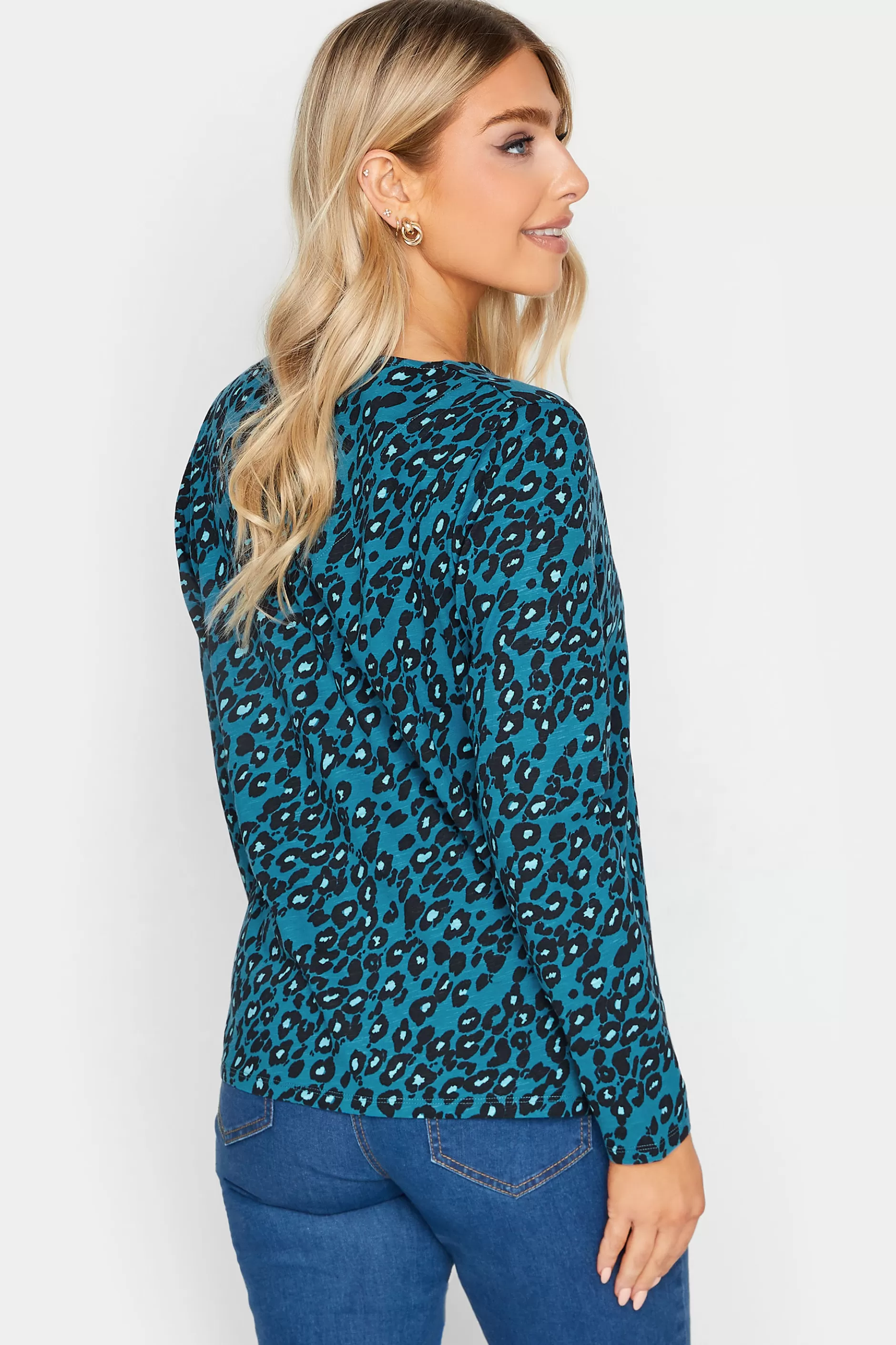 Women M&Co T-Shirts> Womens Blue Animal Print Notch Neck Cotton T-Shirt